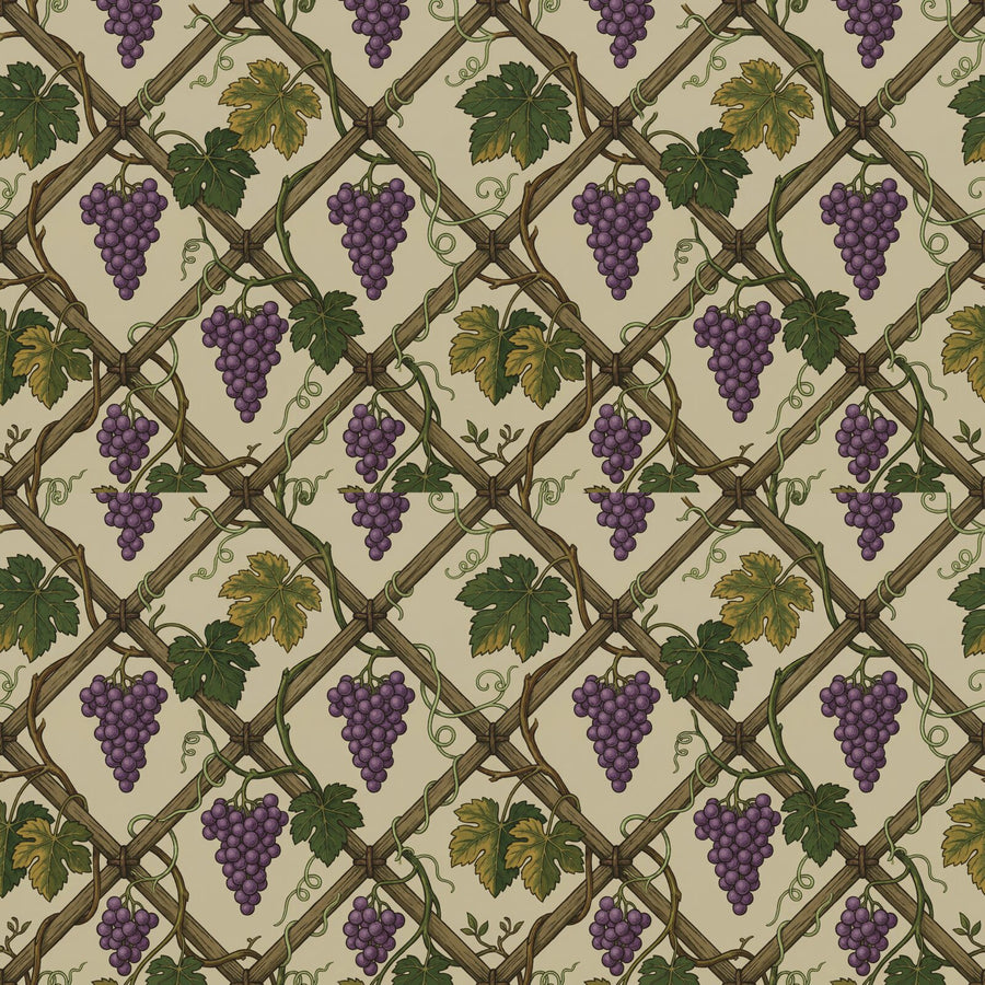 Experience the verdant embrace of a walled garden. Warm sage, deep greens, and grape purple intertwine on a structured trellis. Made to order.