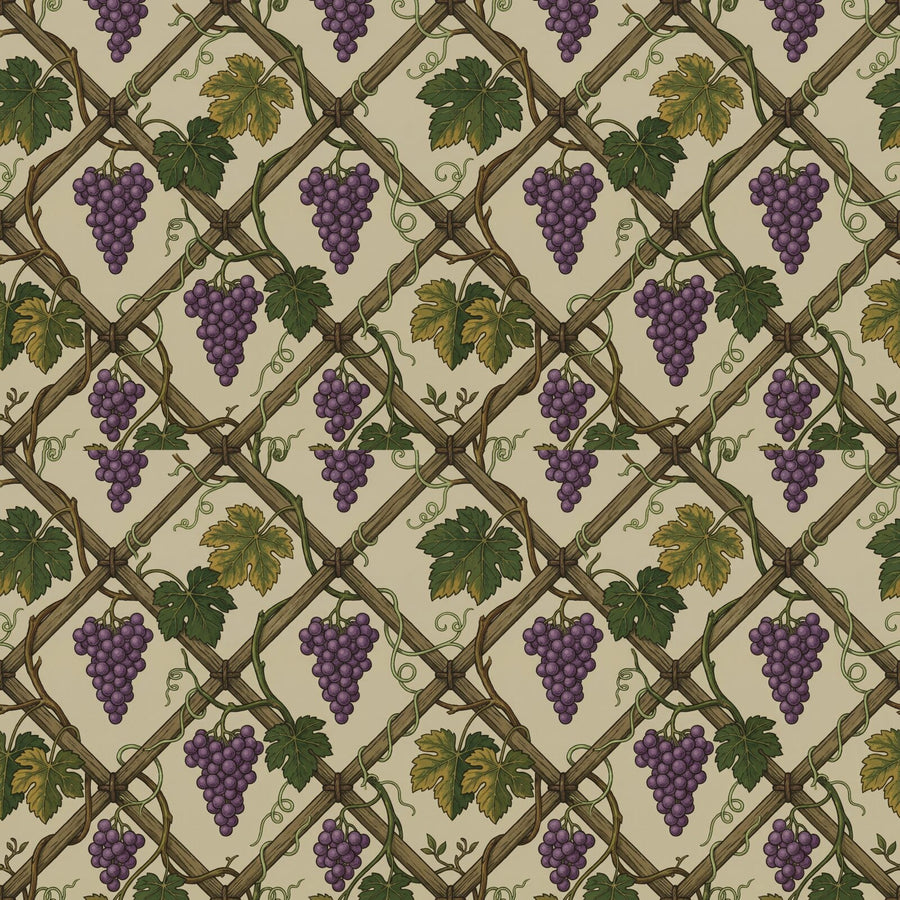 Experience the verdant embrace of a walled garden. Warm sage, deep greens, and grape purple intertwine on a structured trellis. Made to order.
