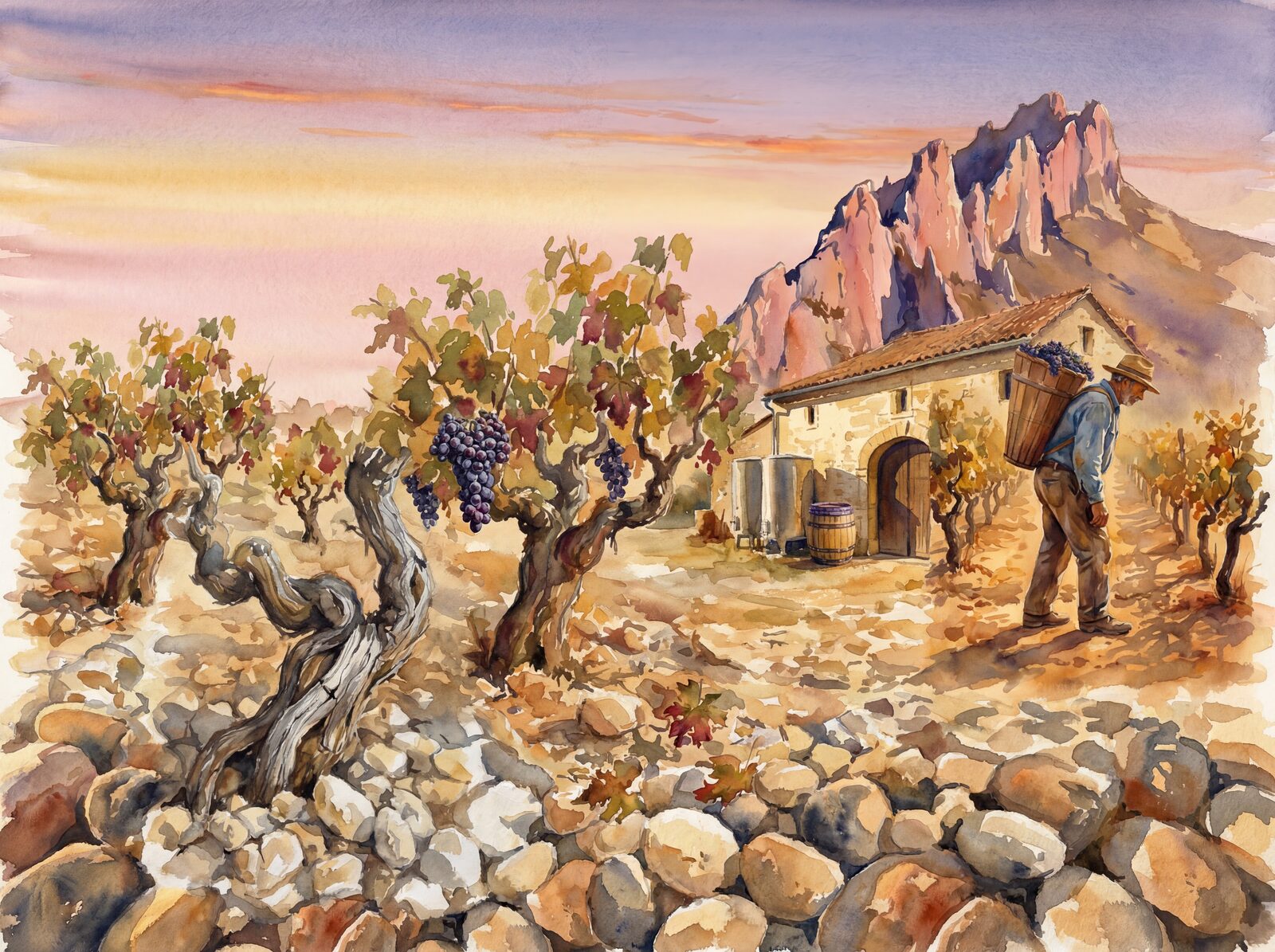 Scenic mural wallpaper in rich earthy tones. Palette: grape, gold, grey, ochre, pink. Made to order.