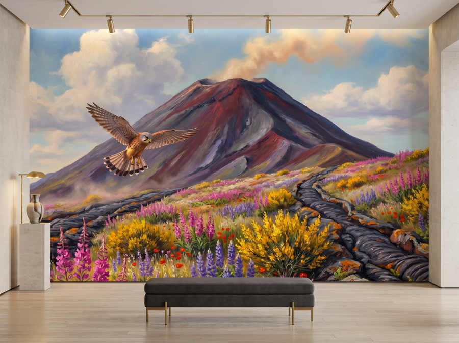 Volcanic Landscape scenic wallpaper mural on the feature wall of a modern-rustic living room, in a soft grey palette — The Wall Shawl.