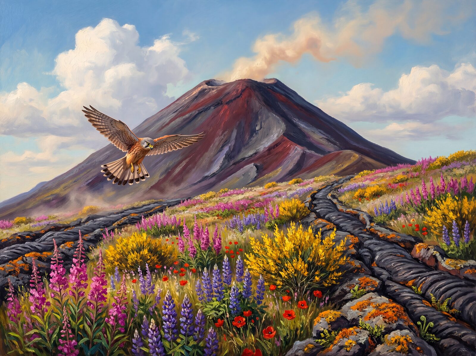 Dramatic volcanic scene with Basalt Black, Scoria Red, and Ash Grey, plus vibrant wildflowers. Made to order.