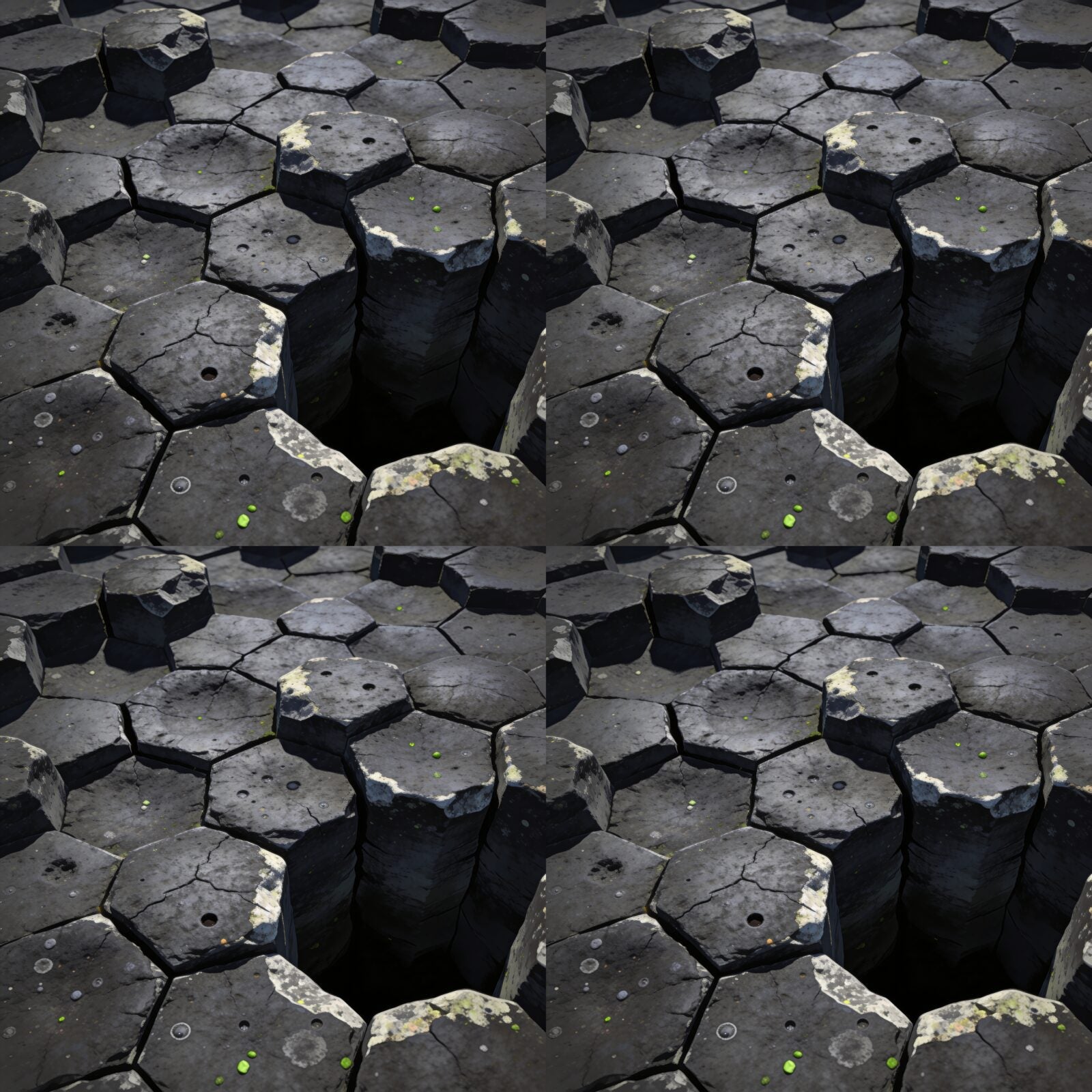 Immerse yourself in primordial geometry with this basalt column mural. Near-black, greys, with subtle green flecks. Made to order.
