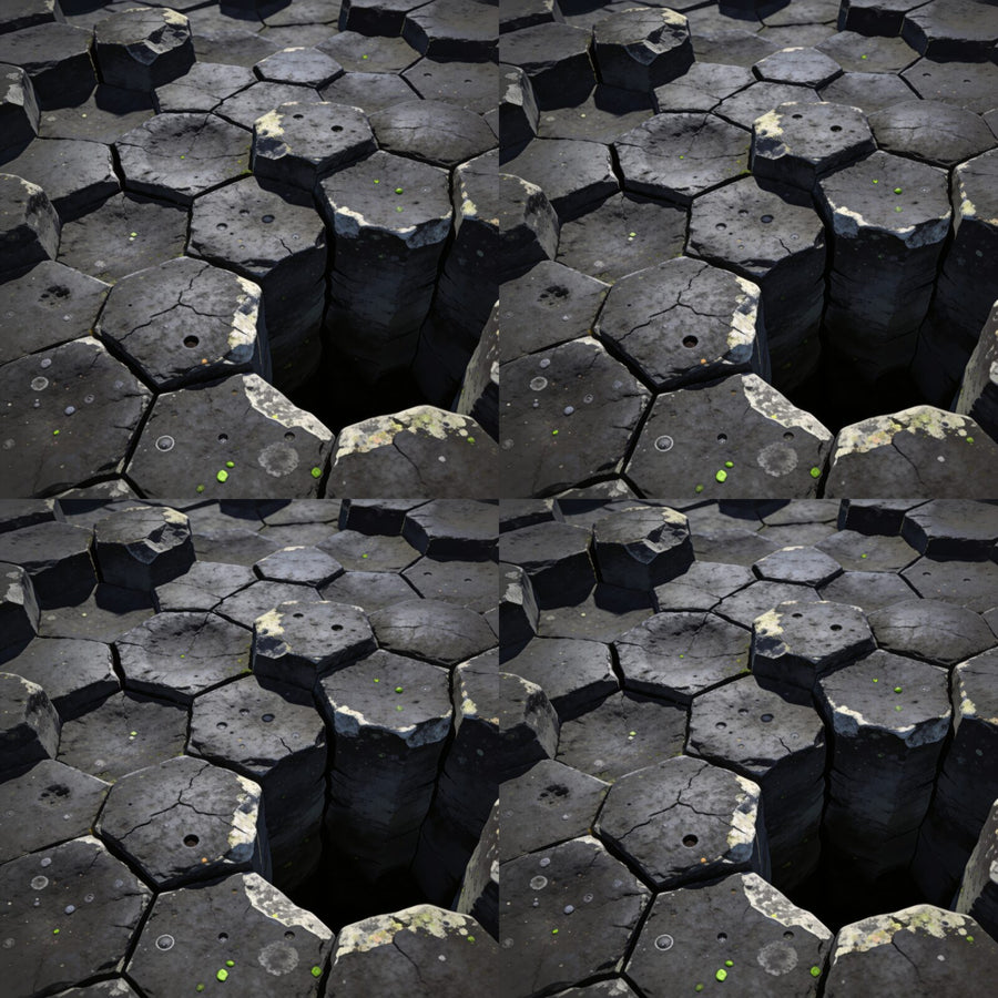 Immerse yourself in primordial geometry with this basalt column mural. Near-black, greys, with subtle green flecks. Made to order.