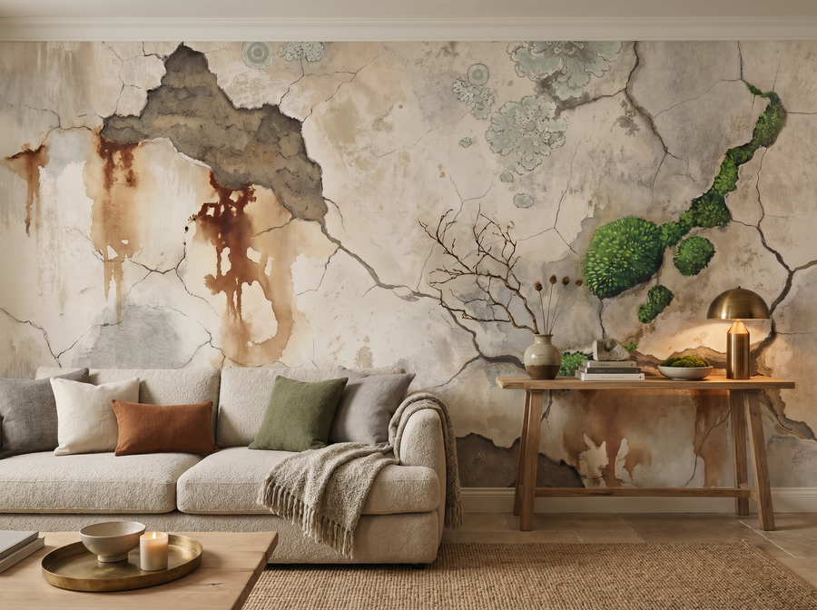 Wabi-Sabi Wall scenic wallpaper mural on the feature wall of an English-country living room, in a soft beige palette — The Wall Shawl.