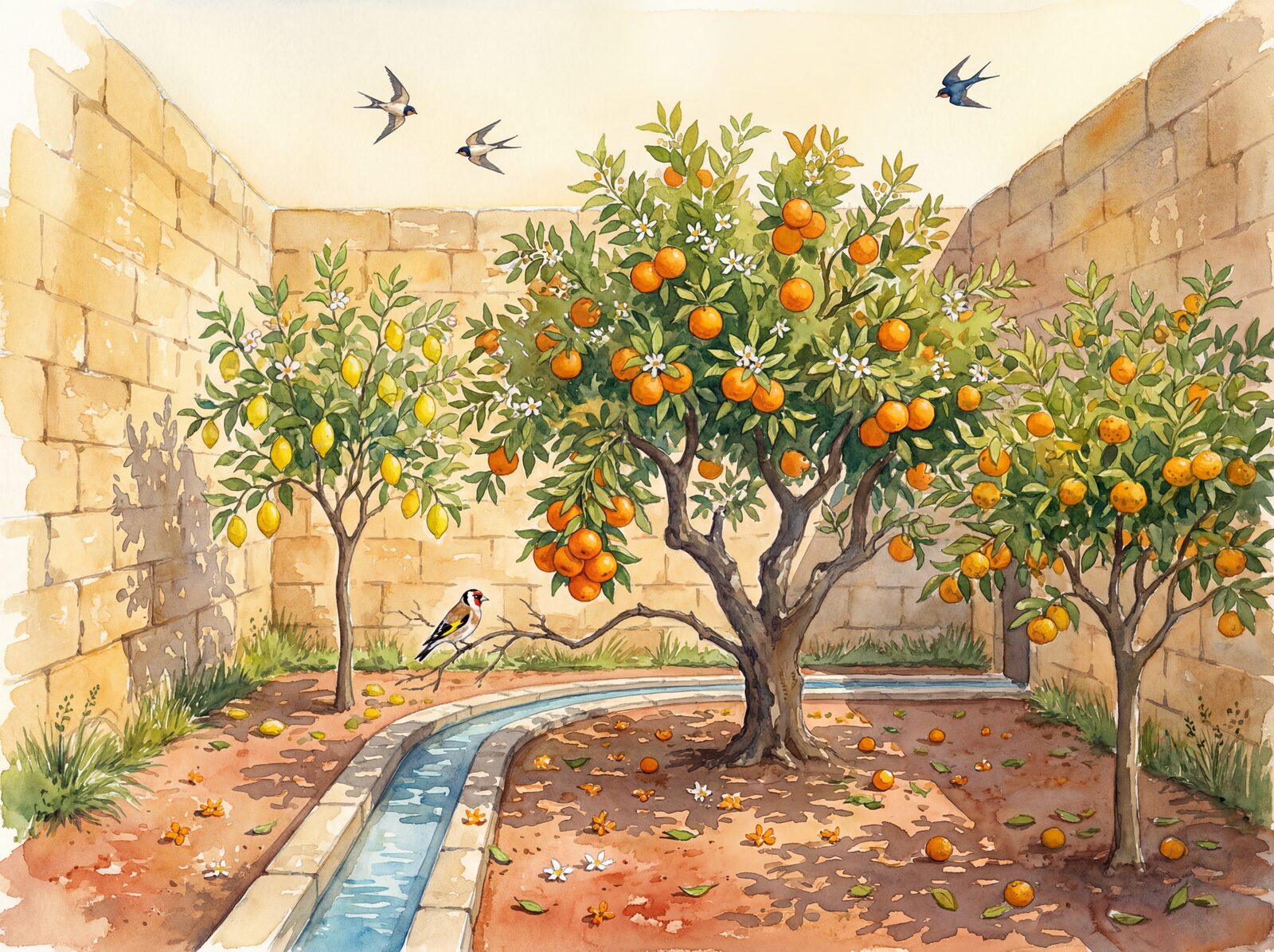 Immersive scenic mural with Orange Fruit, Citrus Leaf, and Warm Stone hues. Made to order.