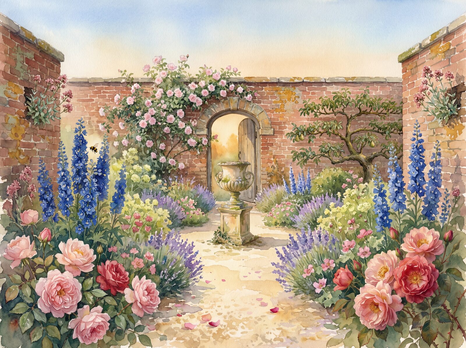 Walled garden mural with Jacobean Brick, Delphinium Blue, and Damask Rose. Made to order.