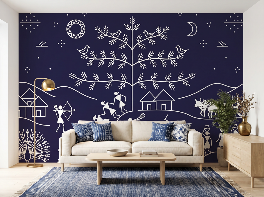 Tarpa Dance scenic wallpaper mural on the feature wall of a bohemian living room, in a soft grey palette — The Wall Shawl.