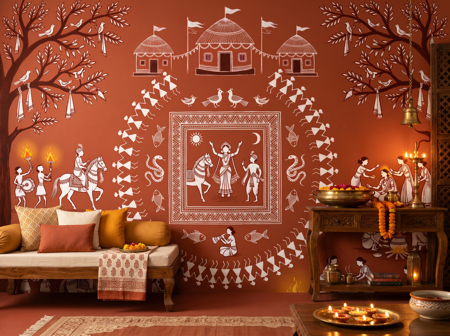 Warli Wedding scenic wallpaper mural on the feature wall of an eclectic bedroom, in a rich red-and-burgundy palette — The Wall Shawl.