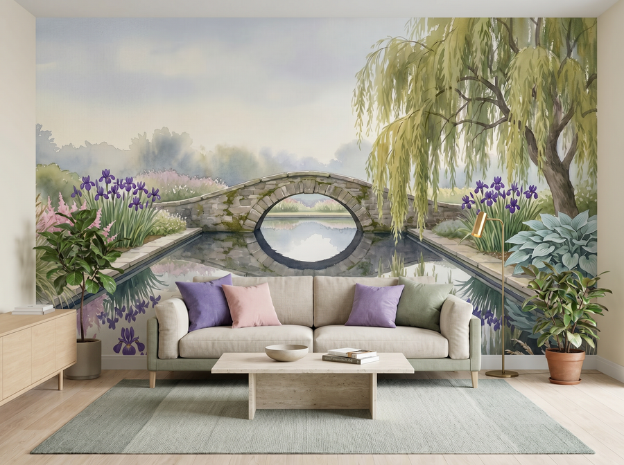 Water Garden scenic wallpaper mural on the feature wall of an English-country bathroom, in a cool blue palette — The Wall Shawl.