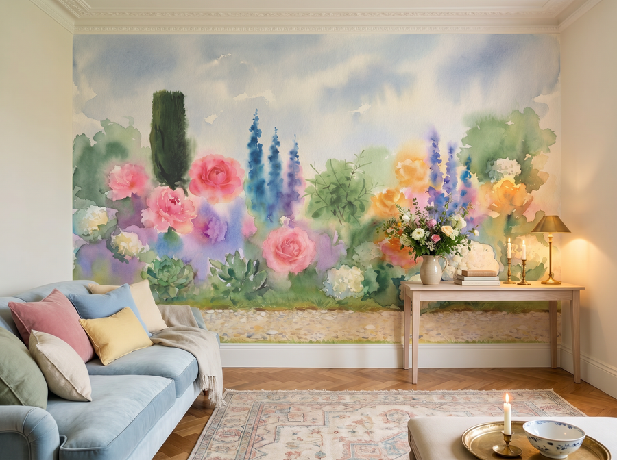 Watercolour Wash Garden scenic wallpaper mural on the feature wall of an English-country living room, in a soft grey palette — The Wall Shawl.