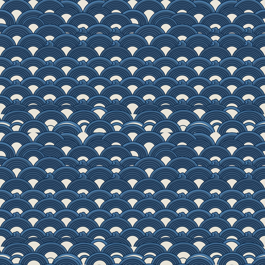 Experience the hypnotic rhythm of the ocean with our Wave Pattern Chinoiserie mural. Indigo, white, and deep blue hues. Made to order.