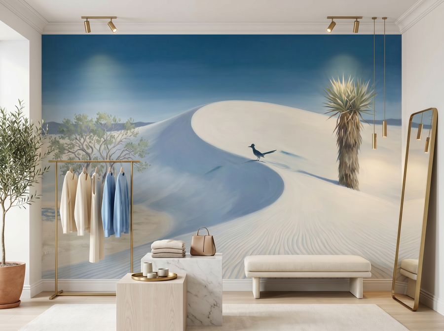 White Sands scenic wallpaper mural on the feature wall of a modern-rustic living room, in a crisp white palette — The Wall Shawl.