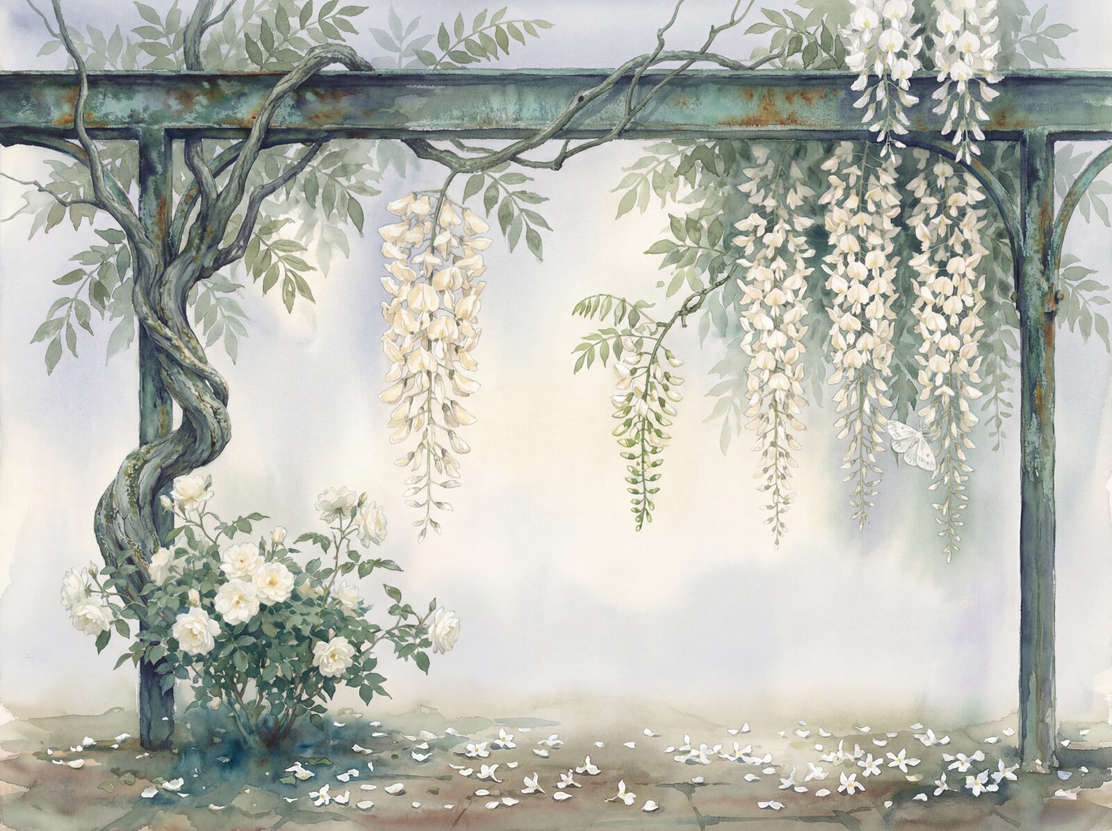 Ethereal scenic mural with Verdigris, White, and Twilight Blue hues. Made to order.