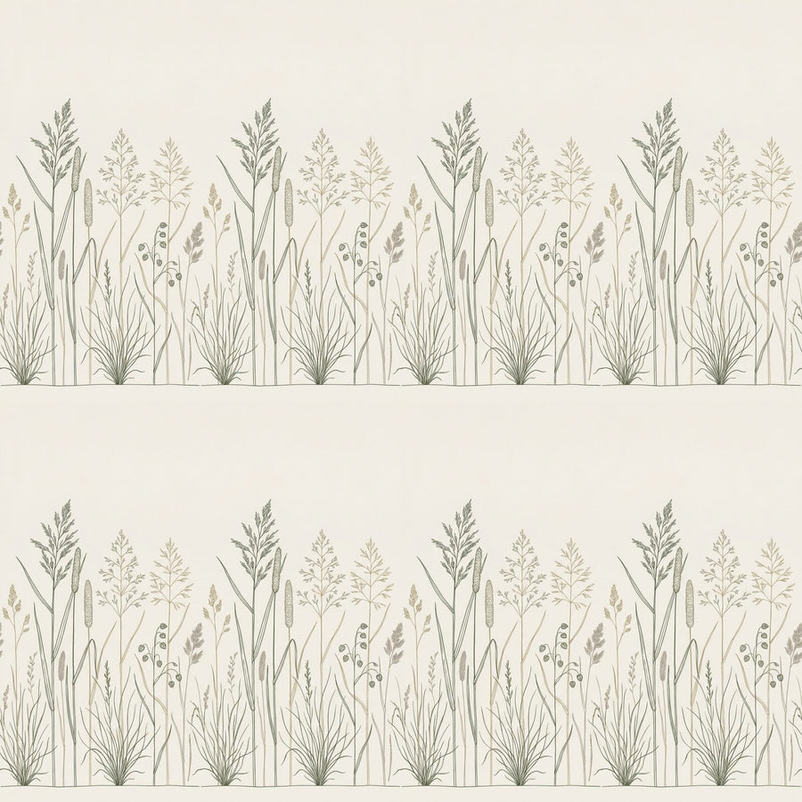 A rhythmic line drawing of wild grasses, celebrating humble botanicals in a calming palette of green, gold, and off-white. Made to order.