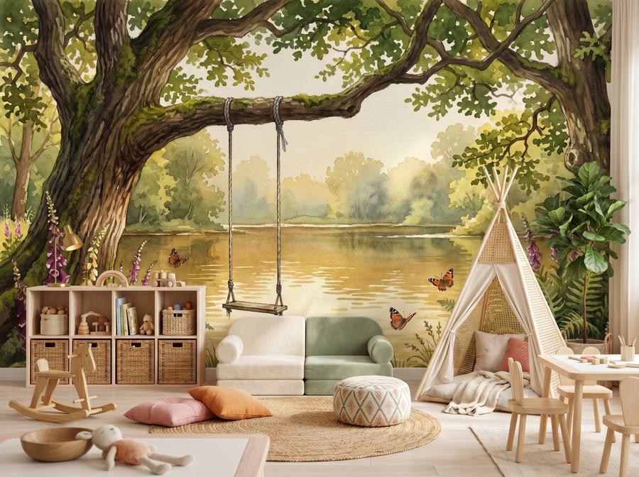 Wild Swimming Lake scenic wallpaper mural on the feature wall of a coastal living room, in a warm brown-and-taupe palette — The Wall Shawl.