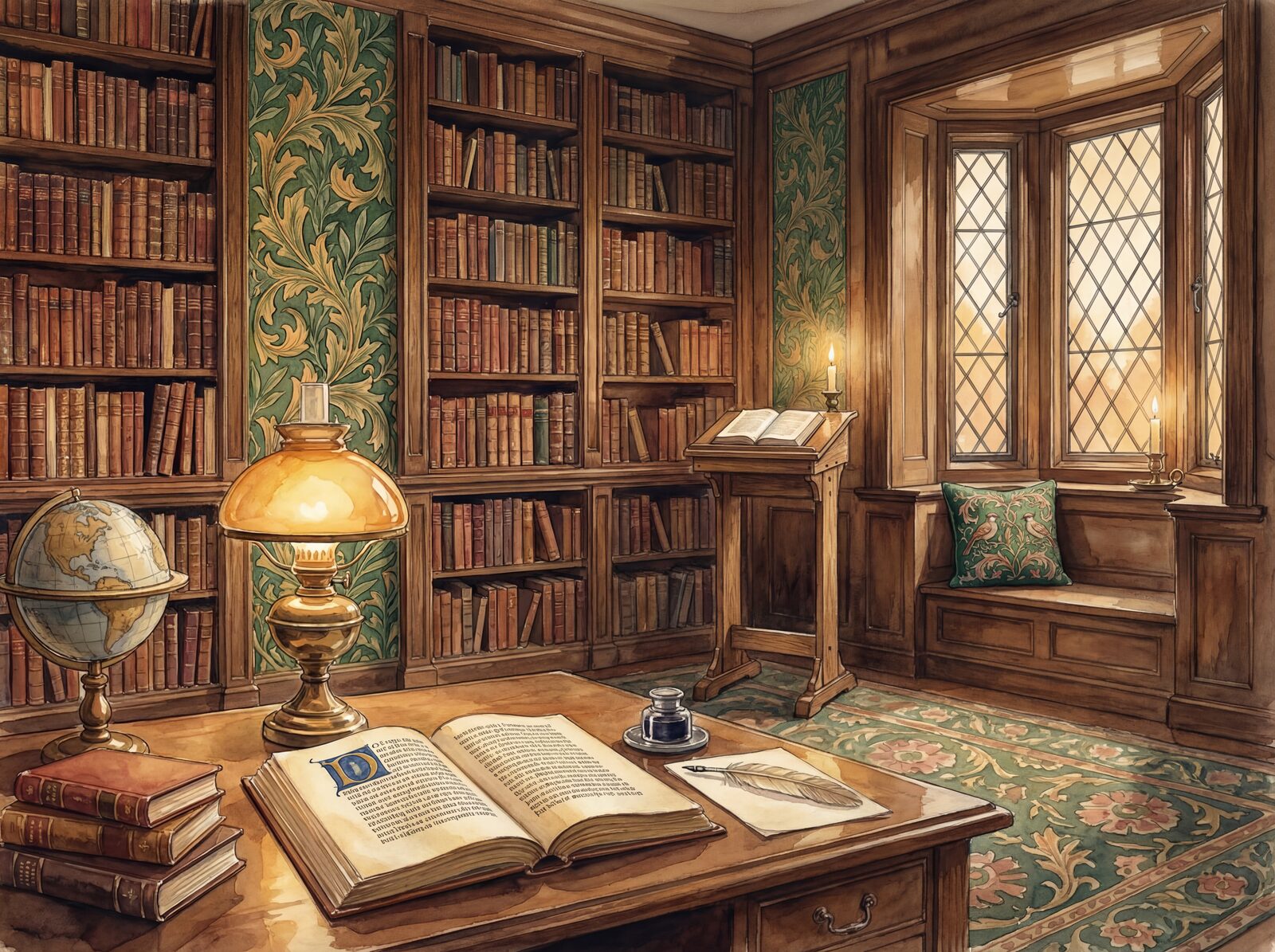 Scenic wallpaper with oak, leather, and green hues. Made to order.