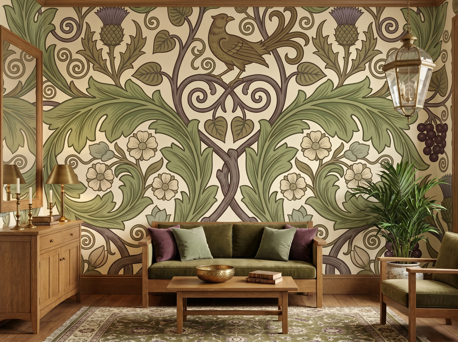 Arts & Crafts Vine scenic wallpaper mural on the feature wall of an English-country study, in a soft grey palette — The Wall Shawl.