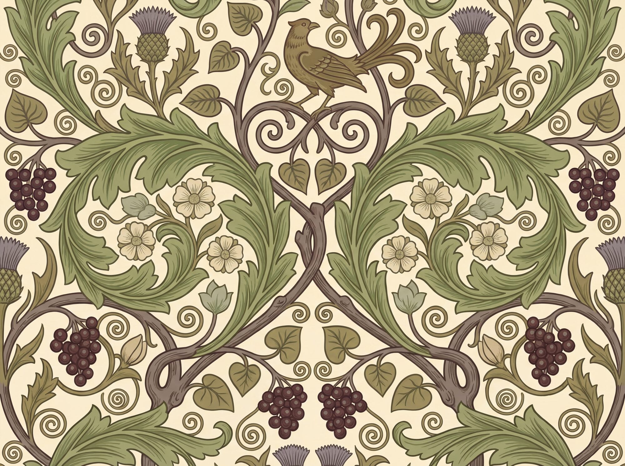 Arts and Crafts flat-pattern mural wallpaper with symmetrical acanthus scrolls, sinuous vine tendrils, grape clusters, thistle heads, five-petalled flowers and a heraldic bird on a warm parchment ground in olive green and taupe