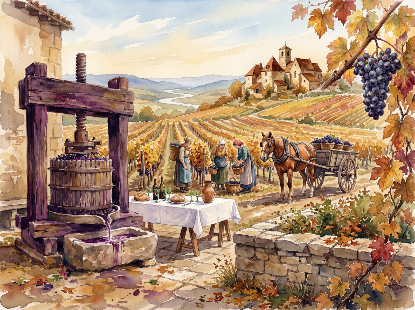 Scenic mural wallpaper featuring autumn vineyards, Grape Purple, Vine Gold, and Harvest Russet. Made to order.