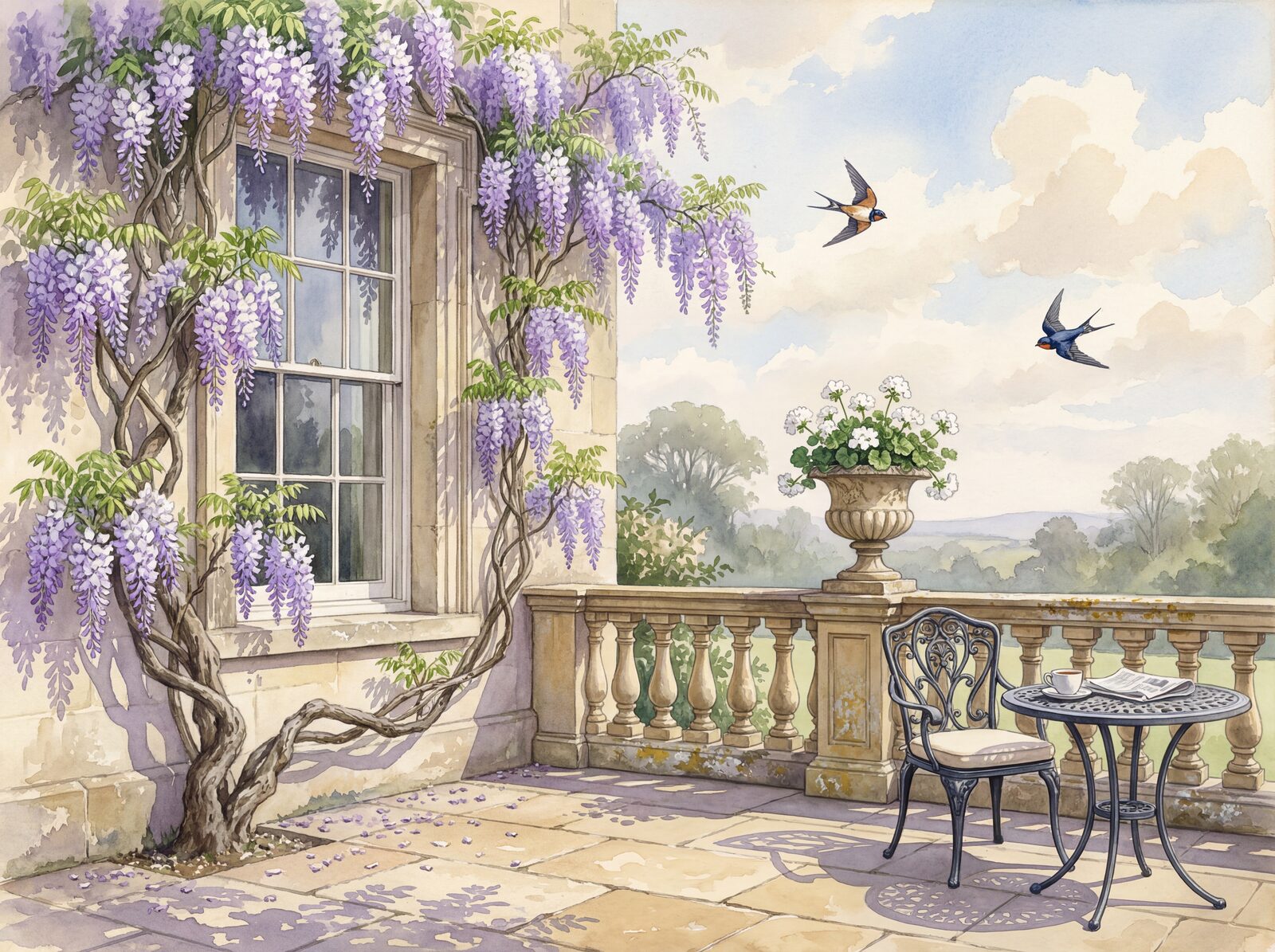 Scenic mural wallpaper in Wisteria Violet, Georgian Stone, and Leaf Green. Made to order.
