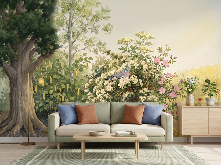 Woodland Edge scenic wallpaper mural on the feature wall of a biophilic living room, in a golden yellow-and-ochre palette — The Wall Shawl.