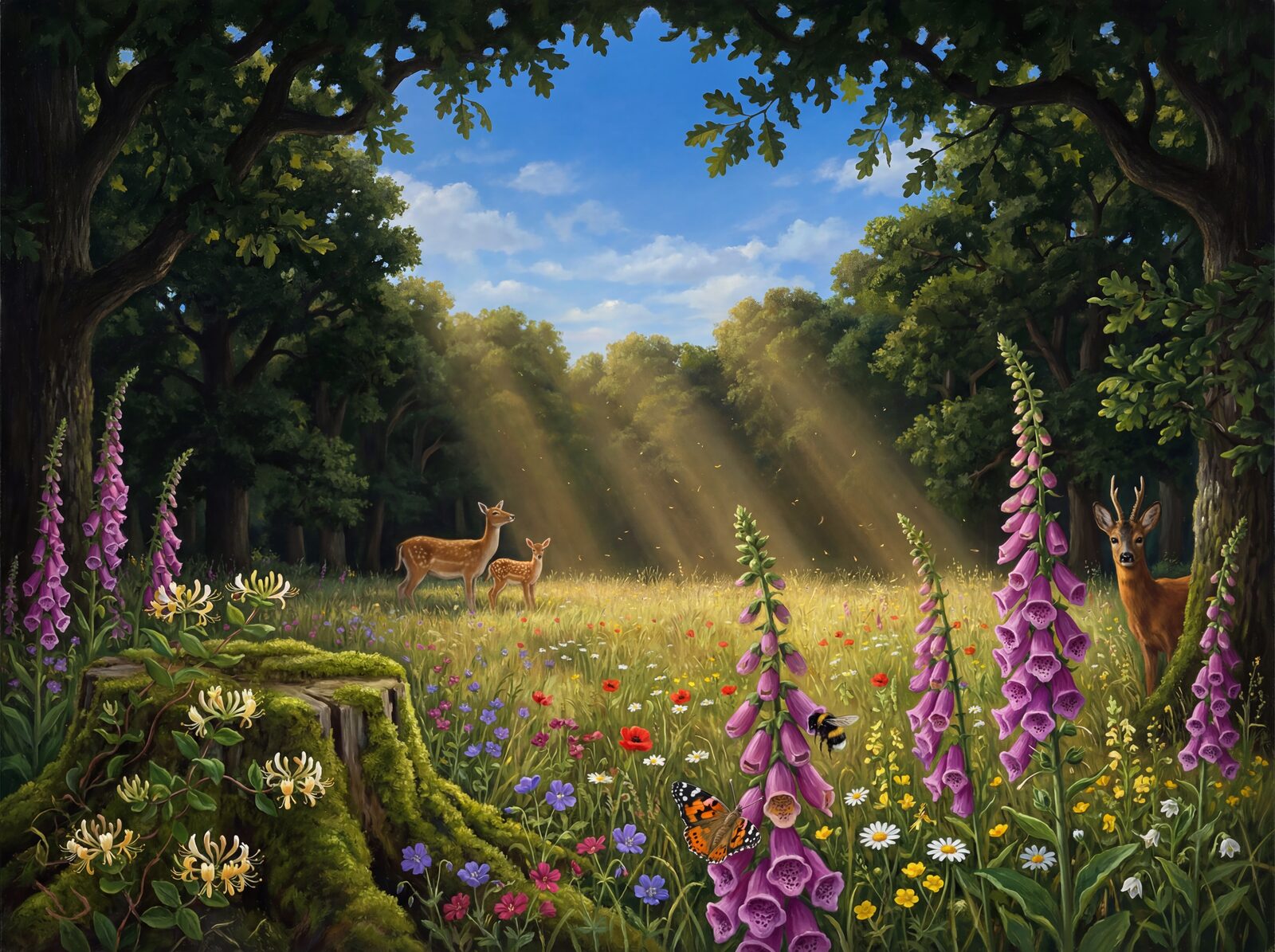 Vibrant woodland scene with foxglove, meadow cranesbill, and oak. Made to order.