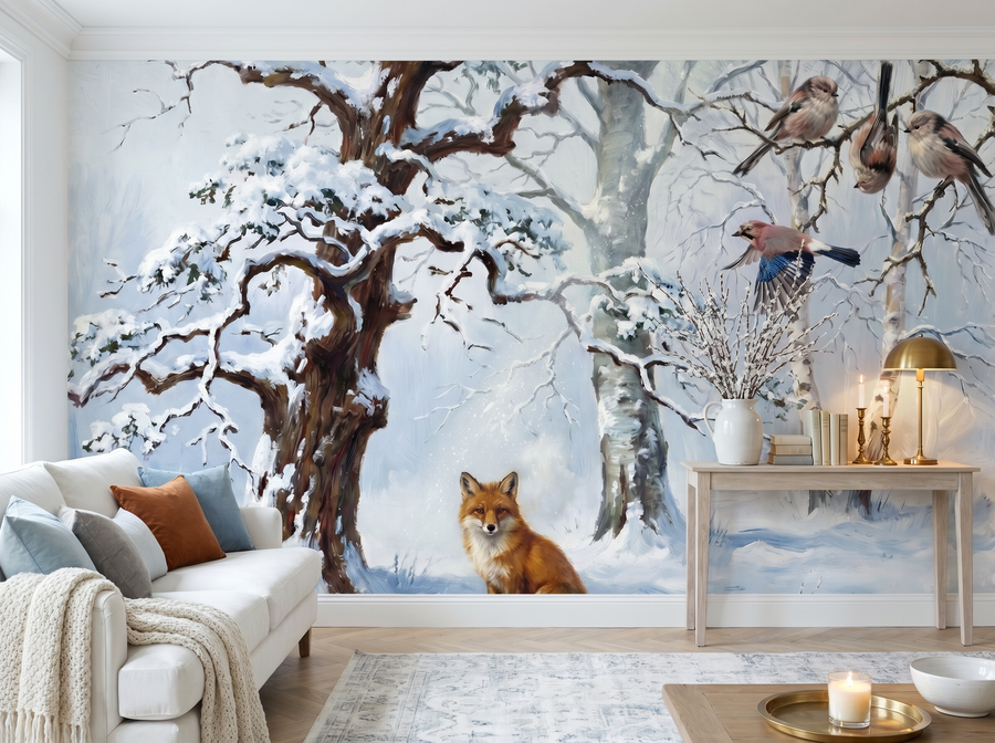Woodland in Snow scenic wallpaper mural on the feature wall of a Scandinavian living room, in a crisp white palette — The Wall Shawl.