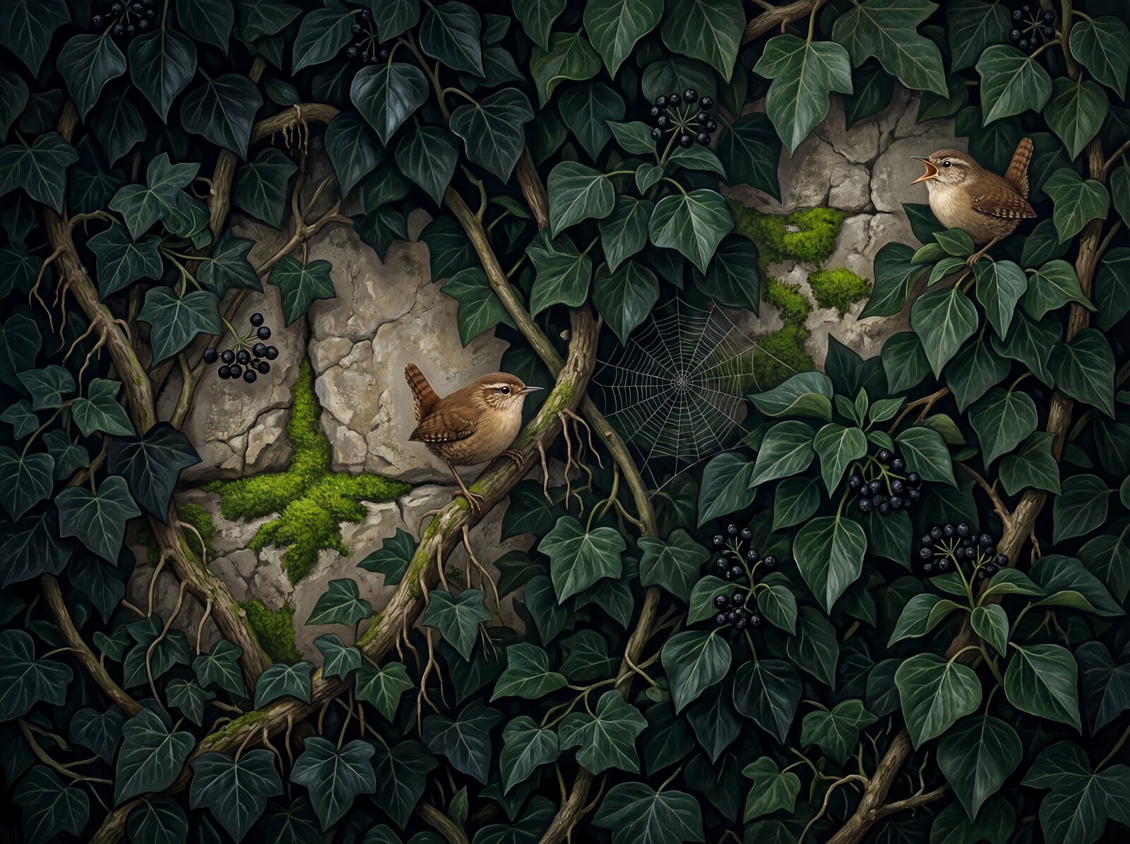 An intimate wildlife encounter amidst decorative ivy. Palette: deep greens, warm browns, and earthy tones. Made to order.