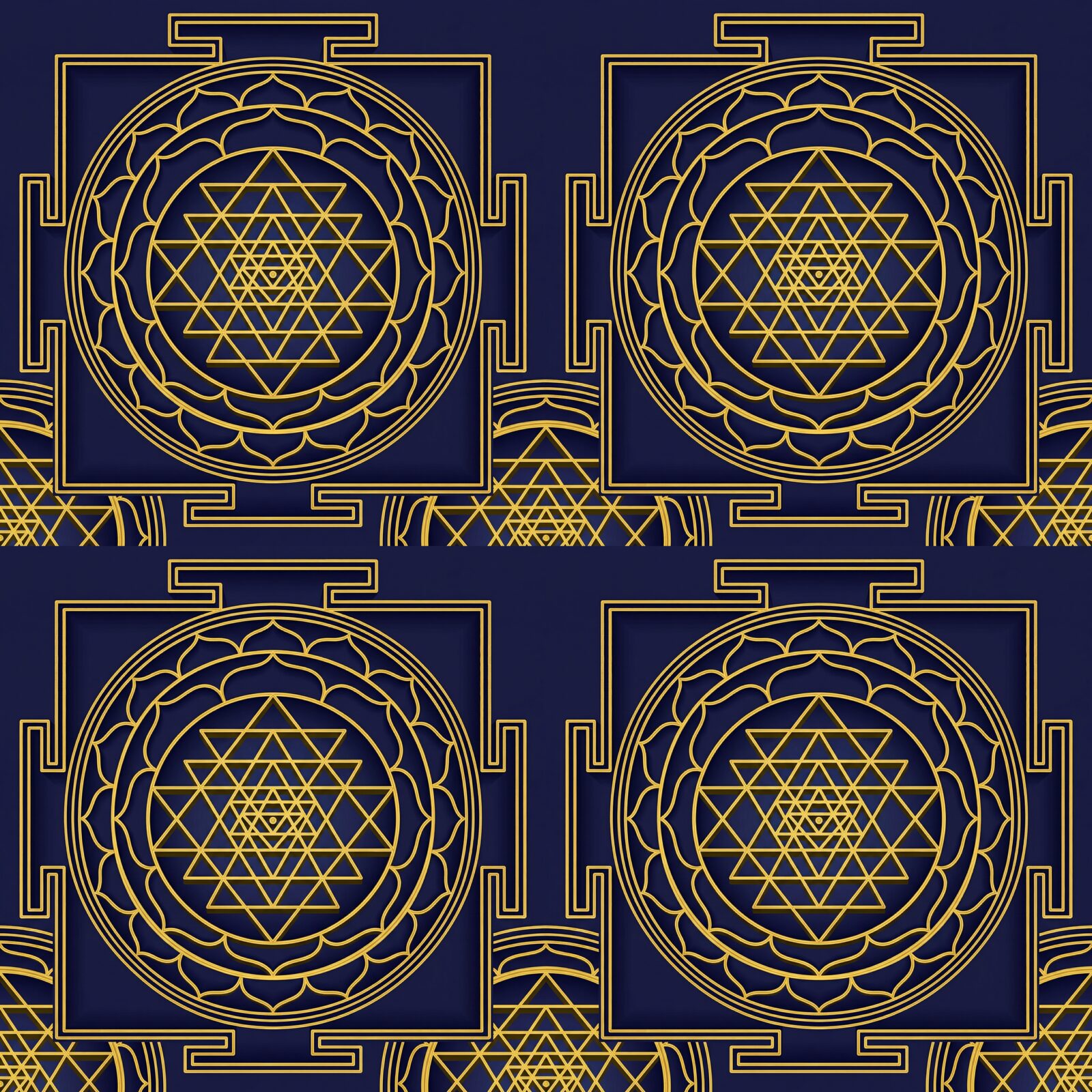 Immerse yourself in the cosmic dance of the Yantra Grid, a precise geometric mural in indigo, gold, and bronze. Made to order.