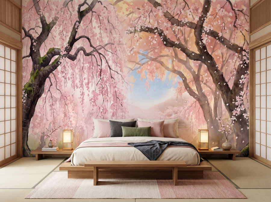 Yoshino Path scenic wallpaper mural on the feature wall of a chinoiserie entrance hall, in a soft grey palette — The Wall Shawl.
