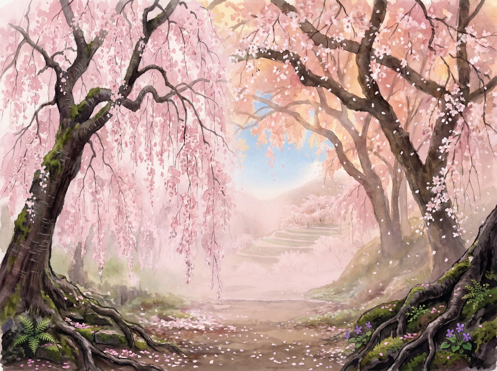 Immersive scenic mural with Sakura Cloud, Petal Pale, and Blossom Centre hues. Made to order.