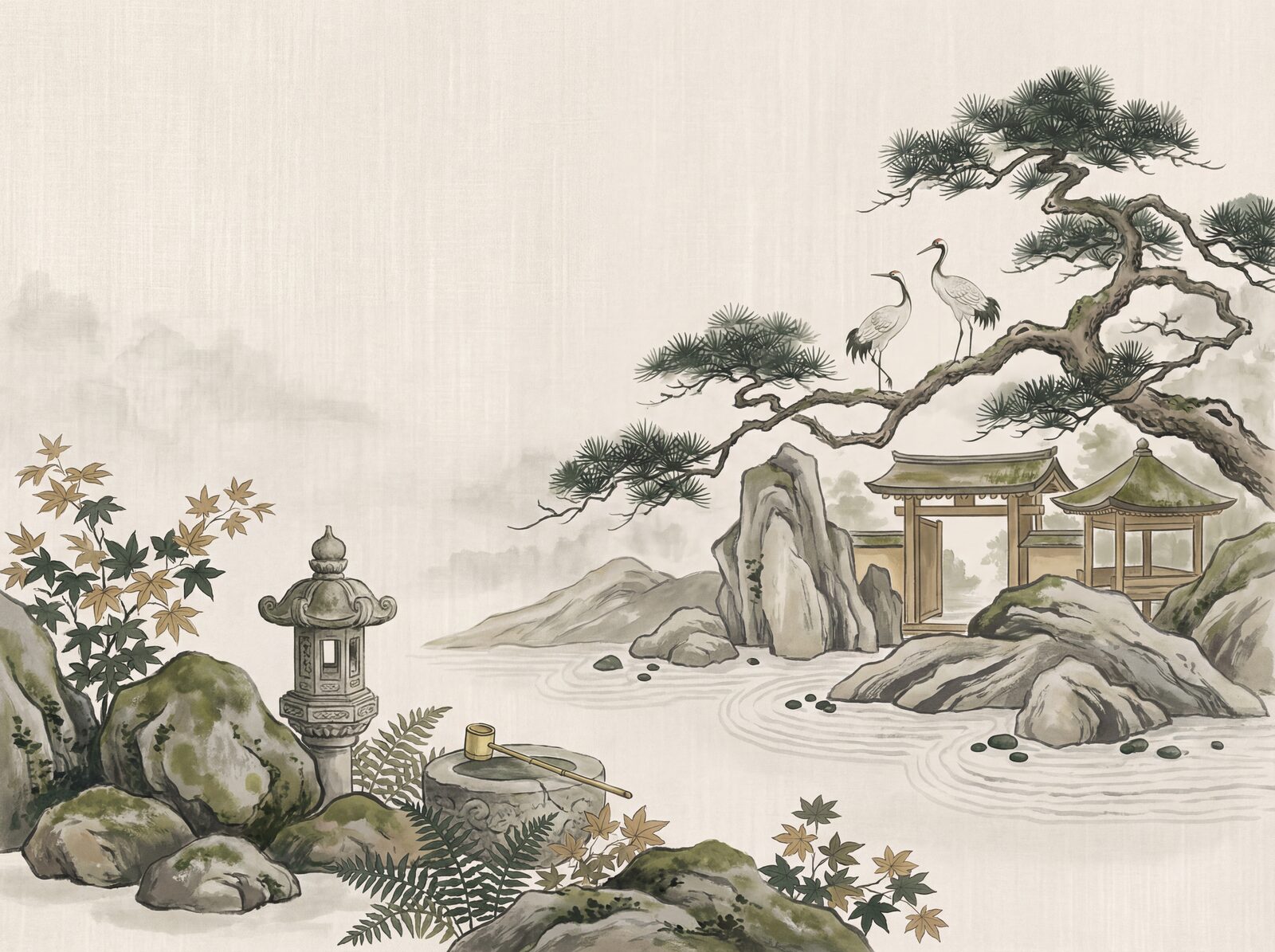 Scenic Chinoiserie mural with Gravel White, Boulder Grey, and Pine Dark. Made to order.