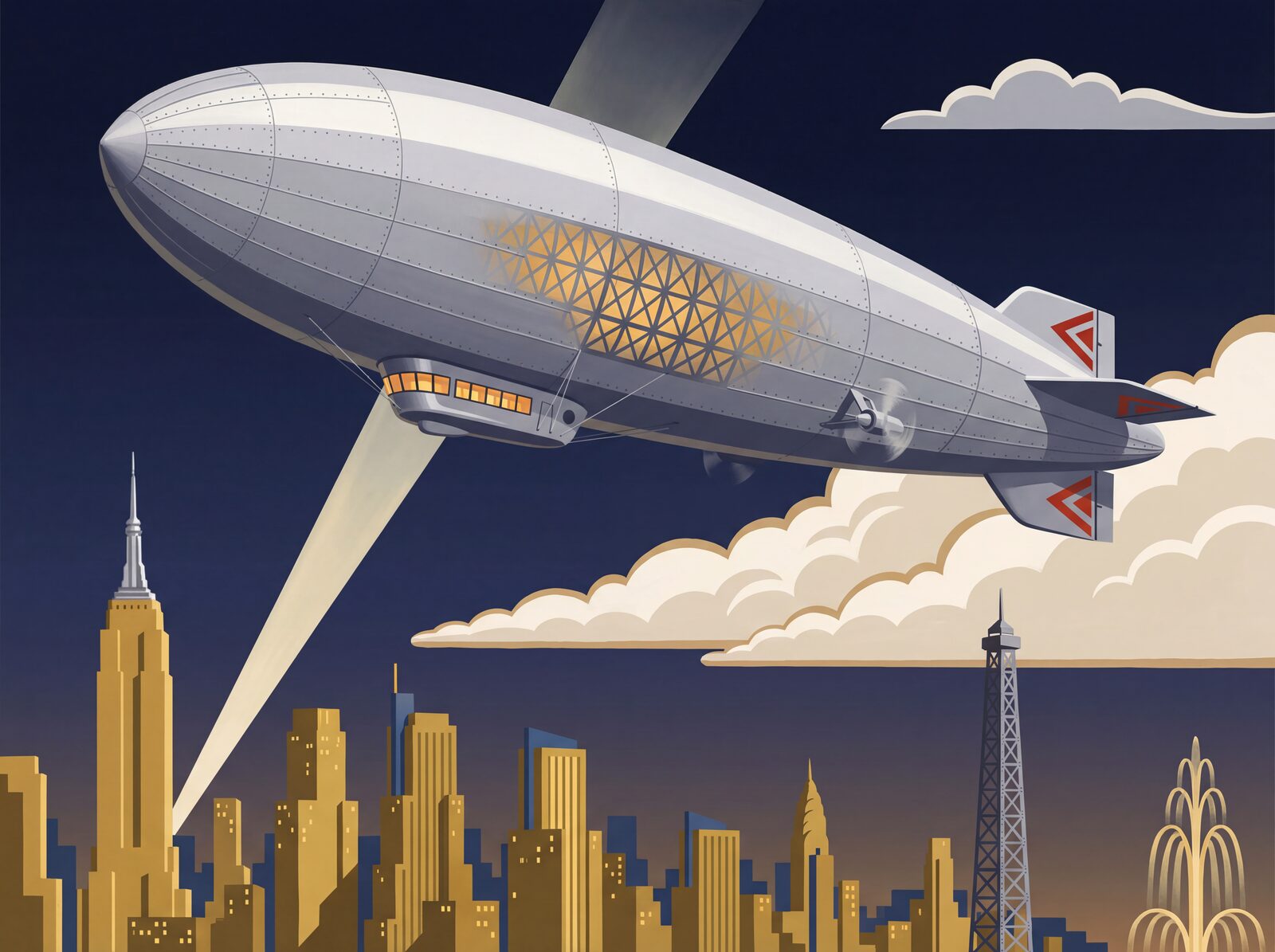 Scenic mural wallpaper featuring a silver zeppelin over an Art Deco city, with palette including Evening Sky, Silver Hull, and Tower Gold. Made to order.