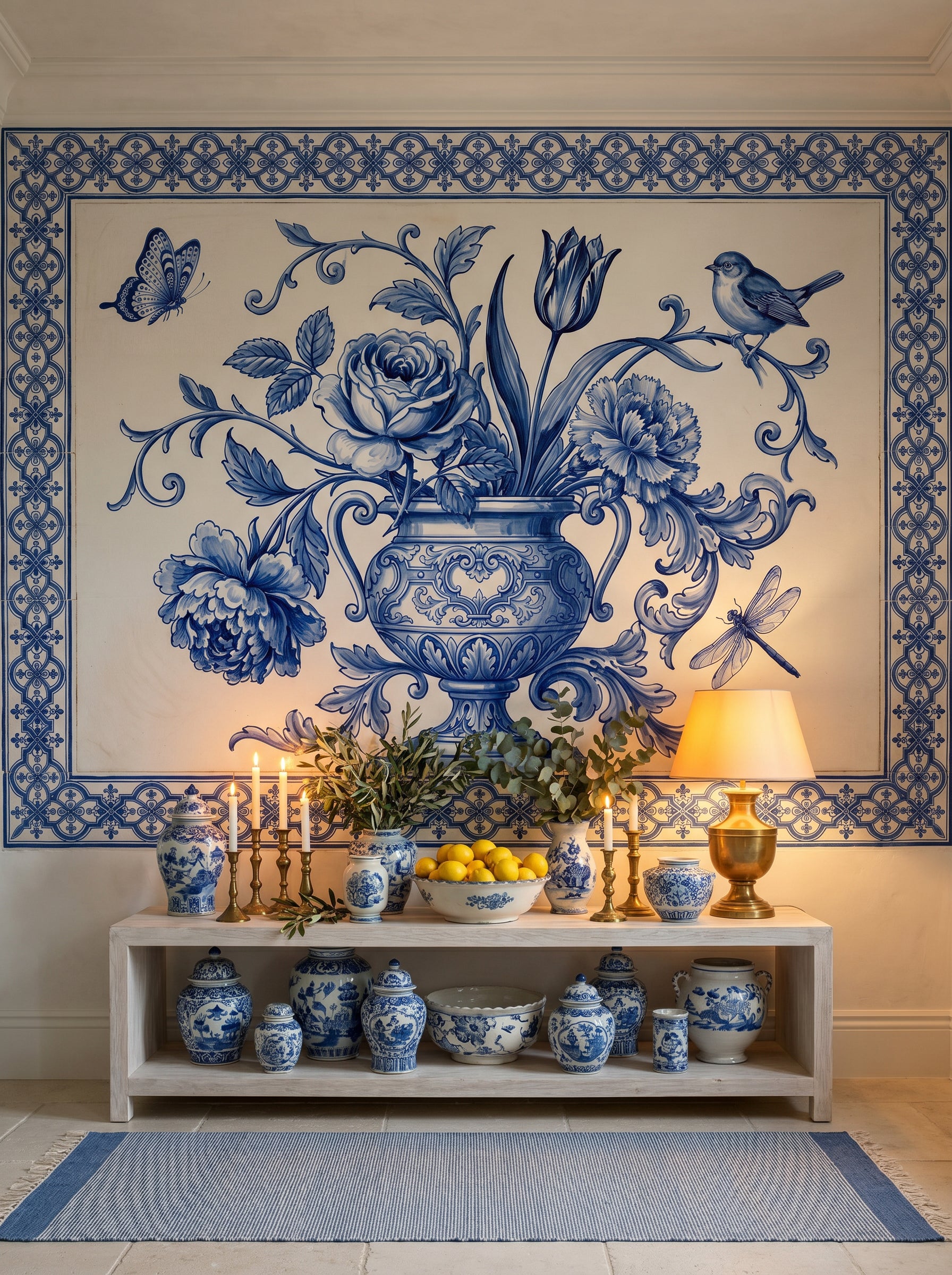 Tiles & Azulejo mural wallpaper collection — editorial room with the delft blue garden mural.
