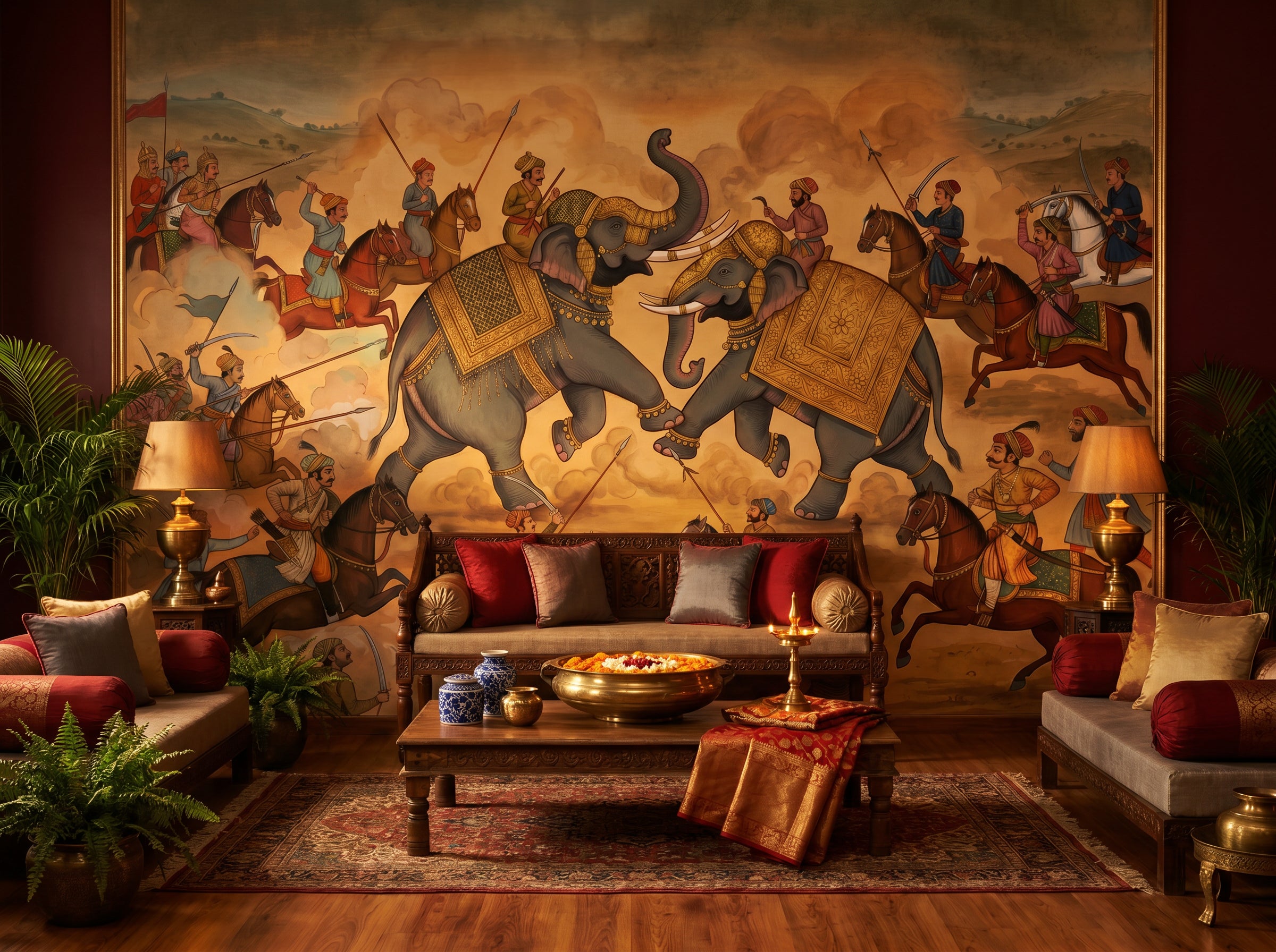 Wildlife & Animals mural wallpaper collection — editorial room with the elephant battle mural.