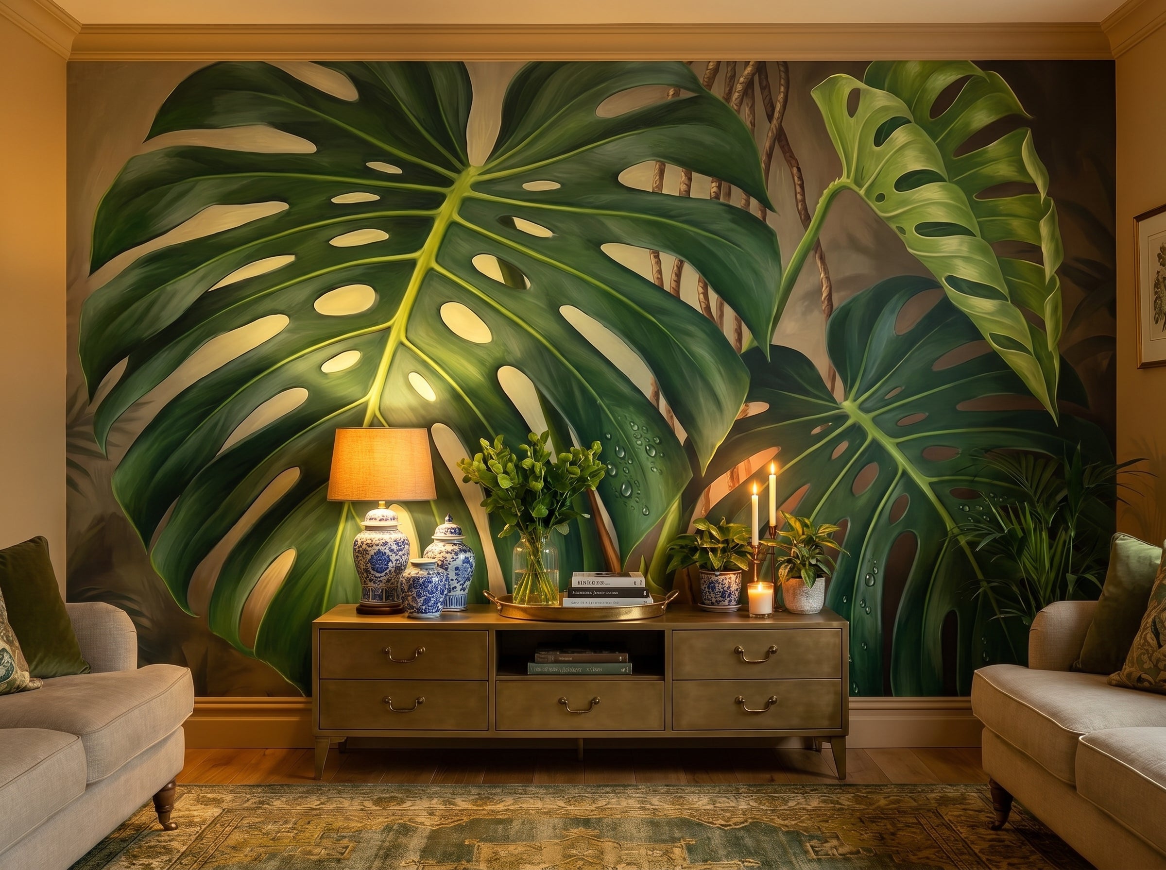 Oversized Florals mural wallpaper collection — editorial room with the giant monstera mural.
