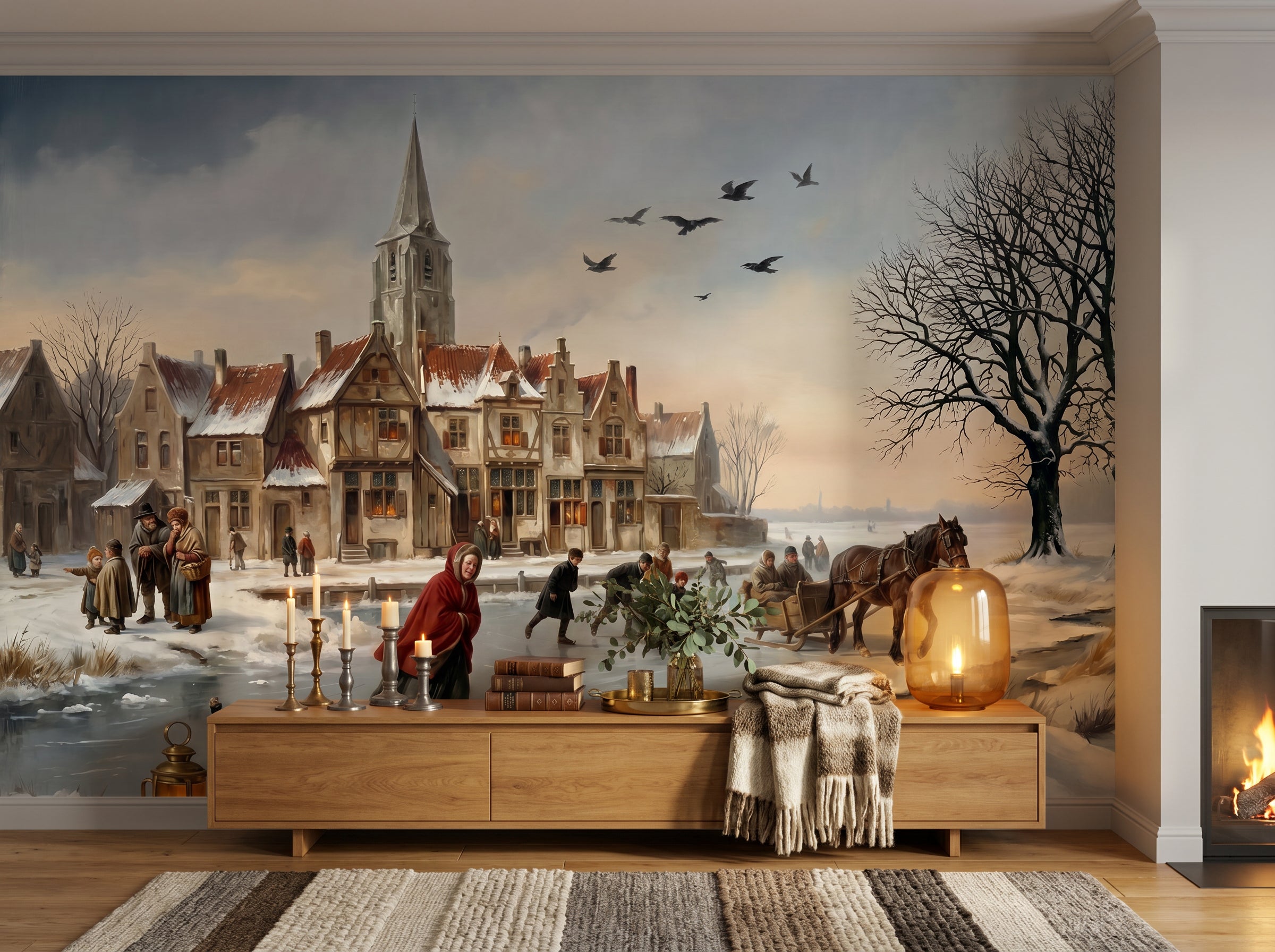 Polar & Winter mural wallpaper collection — editorial room with the ice skating scene mural.