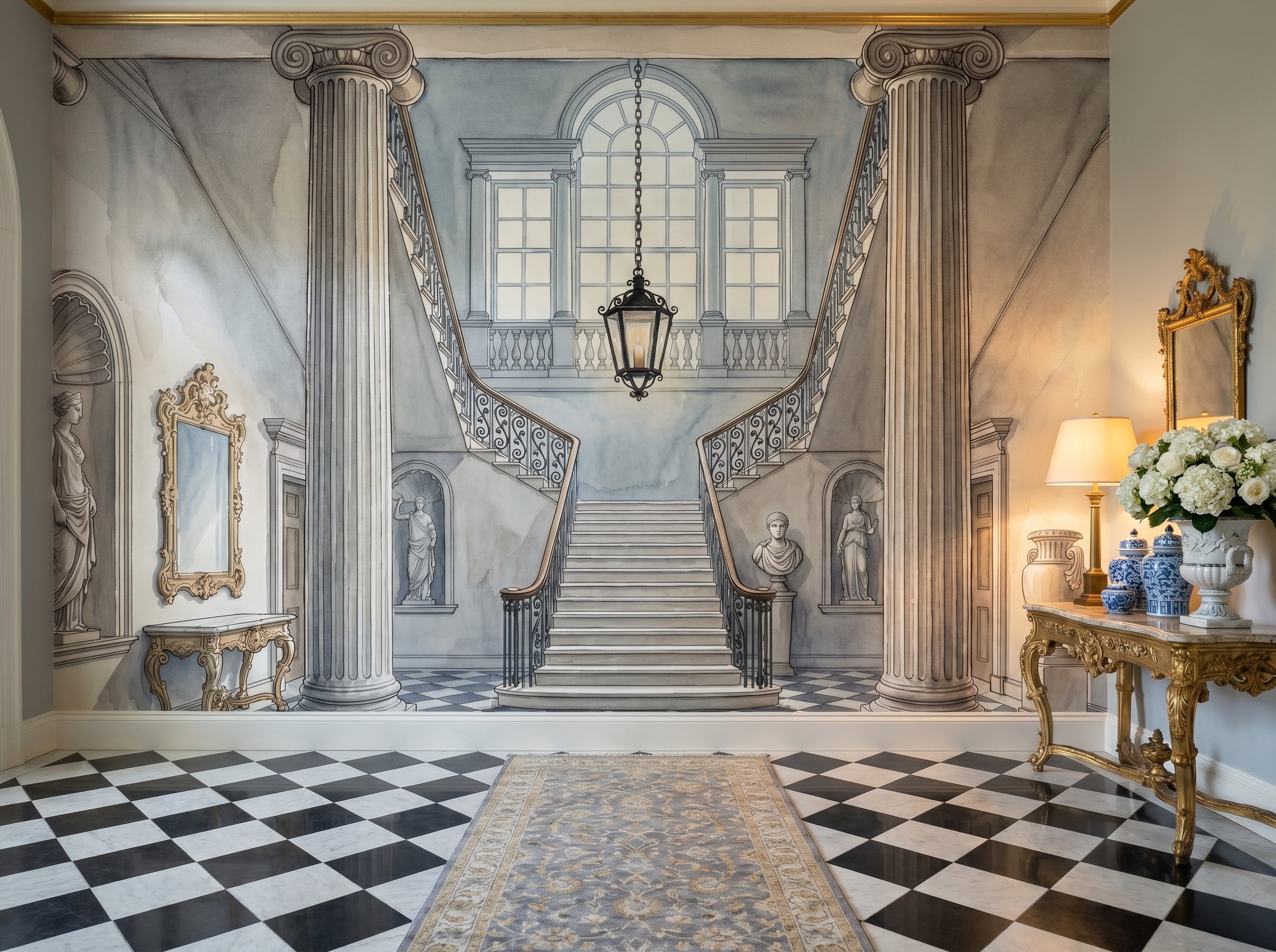 Material & Texture mural wallpaper collection — editorial room with the marble hall mural.