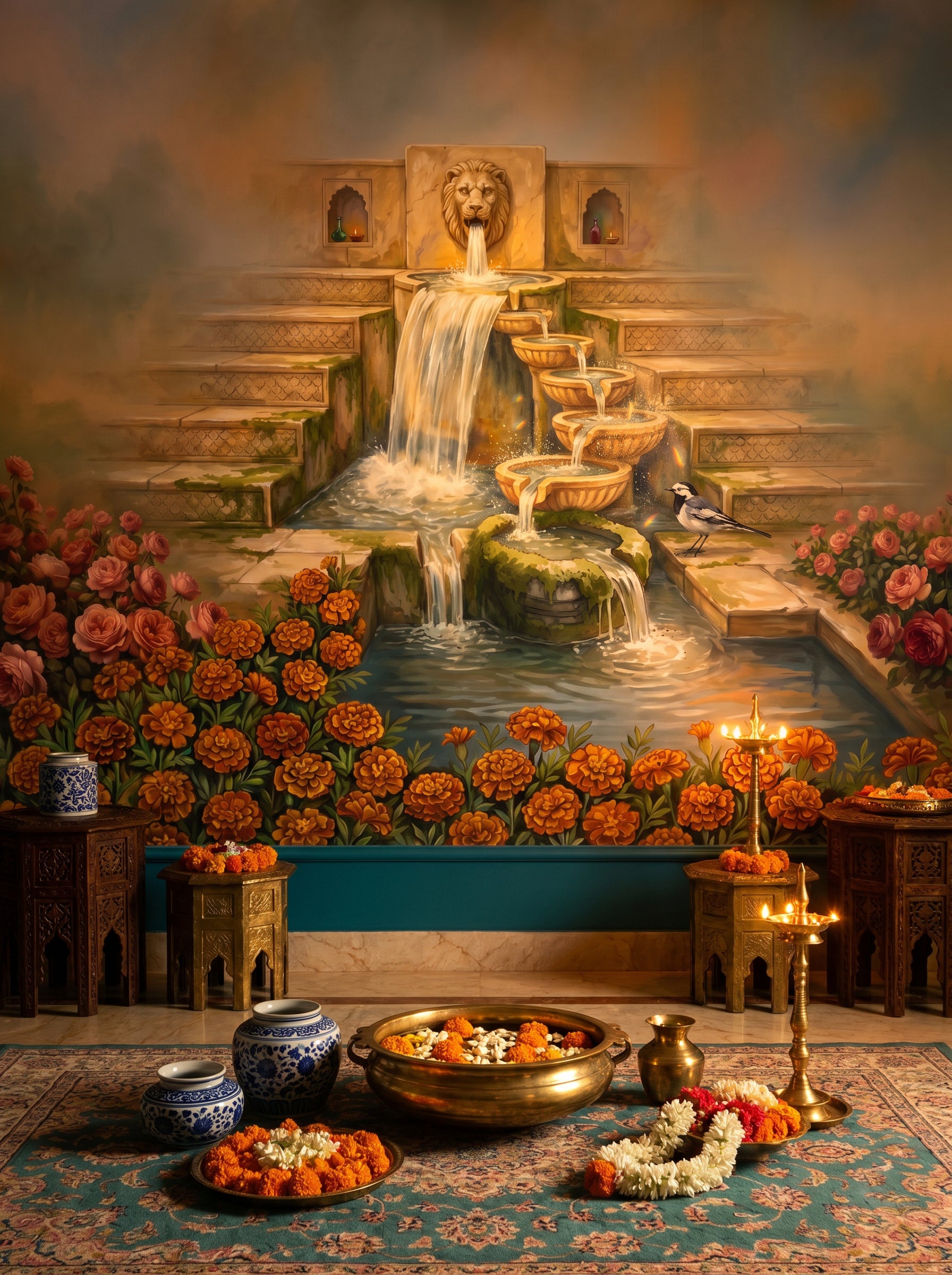 Indian Heritage mural wallpaper collection — editorial room with the mughal water garden mural.