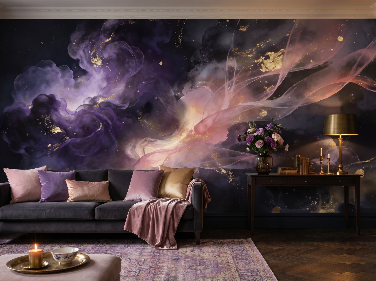 Abstract Cosmos scenic wallpaper mural on the feature wall of a maximalist living room, in a deep purple palette — The Wall Shawl.
