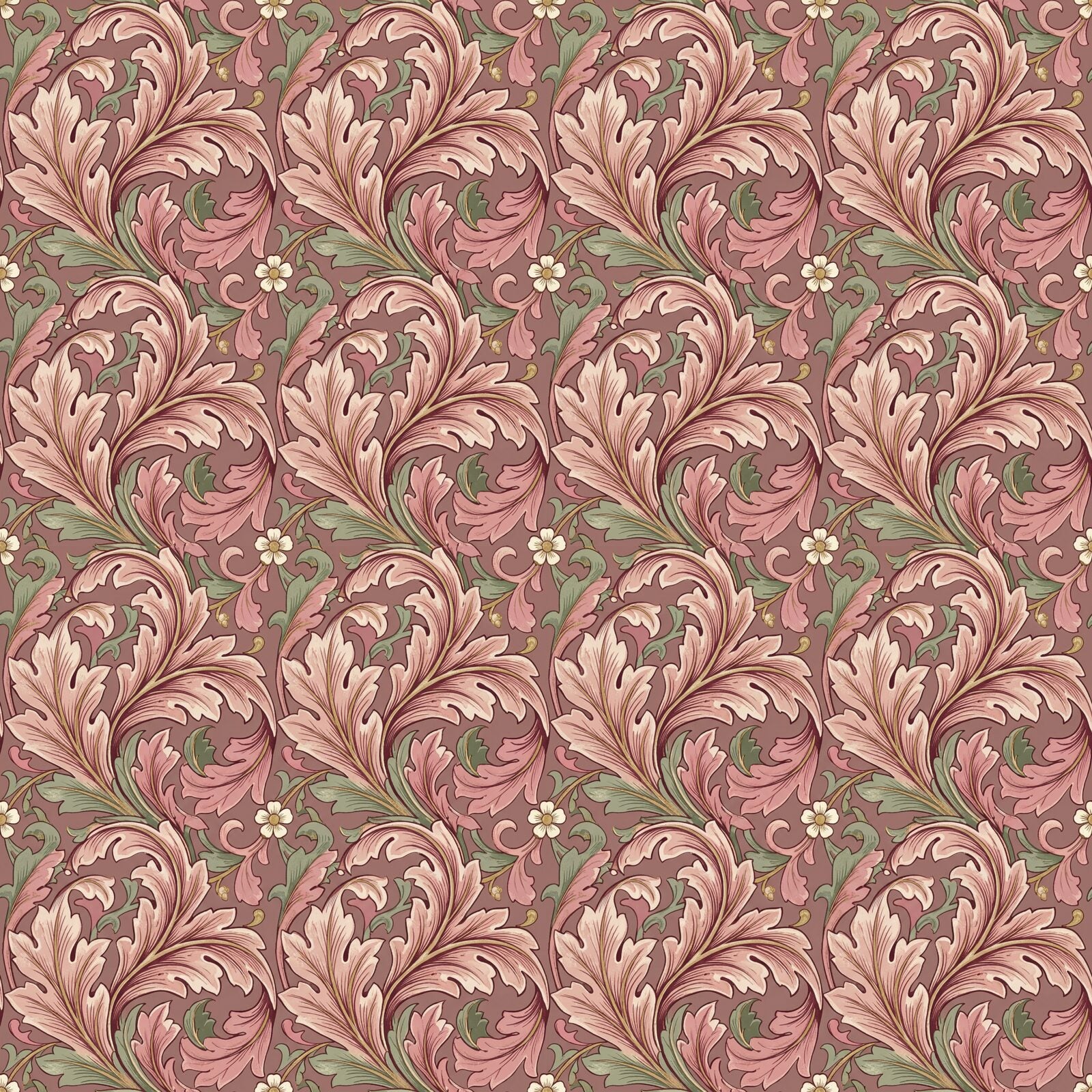 Morris's grand Acanthus pattern reimagined in blush pink, dusty rose, and sage. Made to order for your exact wall.
