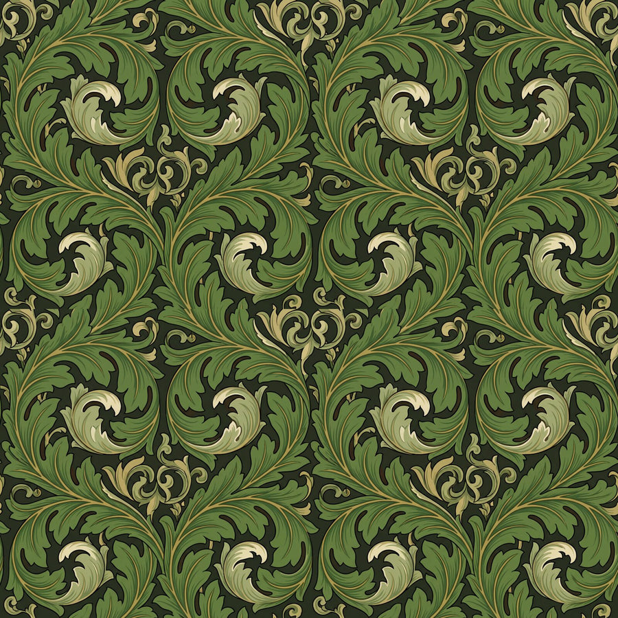 Experience the monumental grandeur of Acanthus Scroll mural wallpaper. Rich olive, deep greens, and warm gold. Made to order.