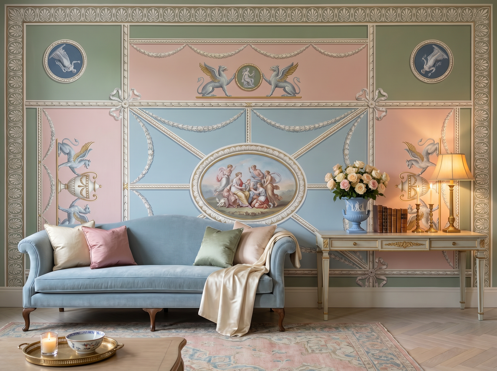 Adam Ceiling wallpaper mural styled in a Hollywood Regency Dining Room, Cities / Architecture, Blues palette.