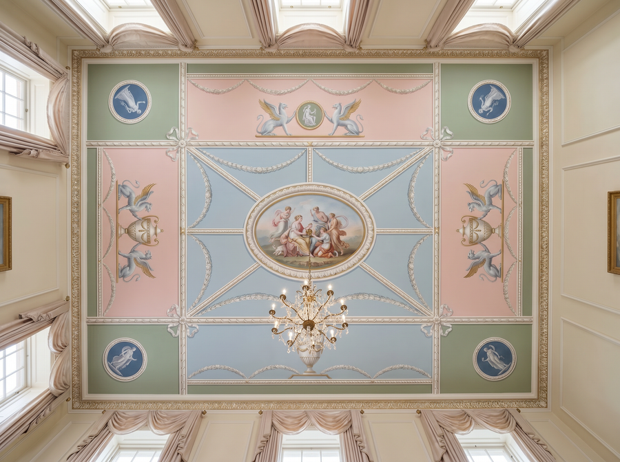 Adam Ceiling scenic wallpaper mural on the feature wall of a Hollywood-Regency dining room_4e2fbcb9 4ddf 49ad bbe9 b8e2a42095b0, in a cool blue palette — The Wall Shawl.