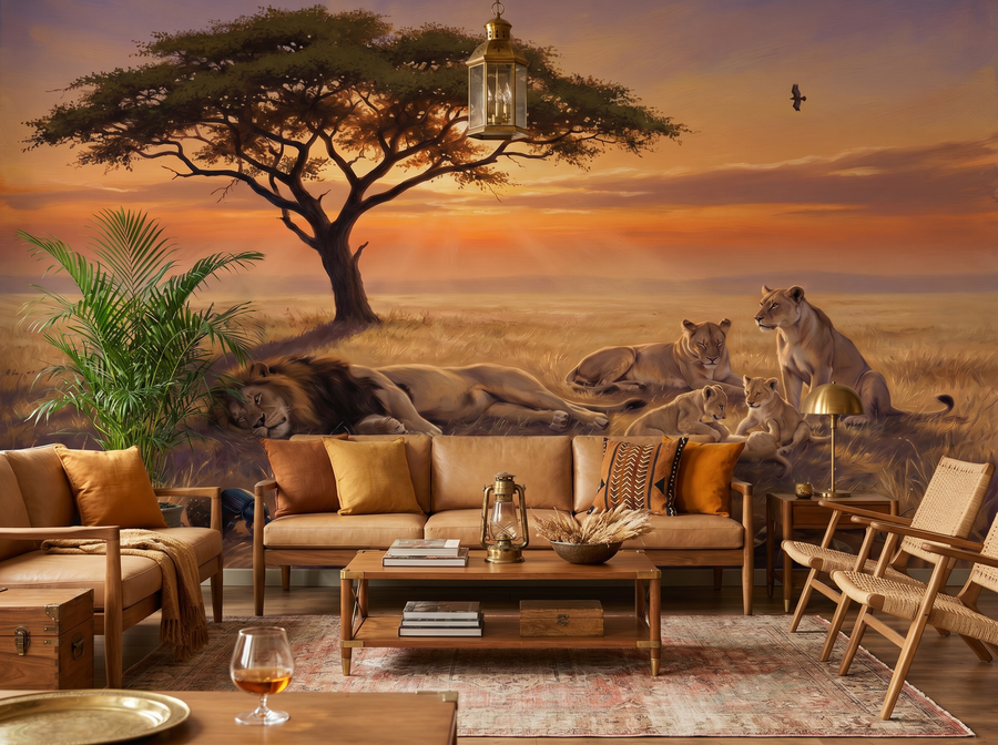 African Savanna scenic wallpaper mural on the feature wall of a modern-rustic living room, in a soft grey palette — The Wall Shawl.