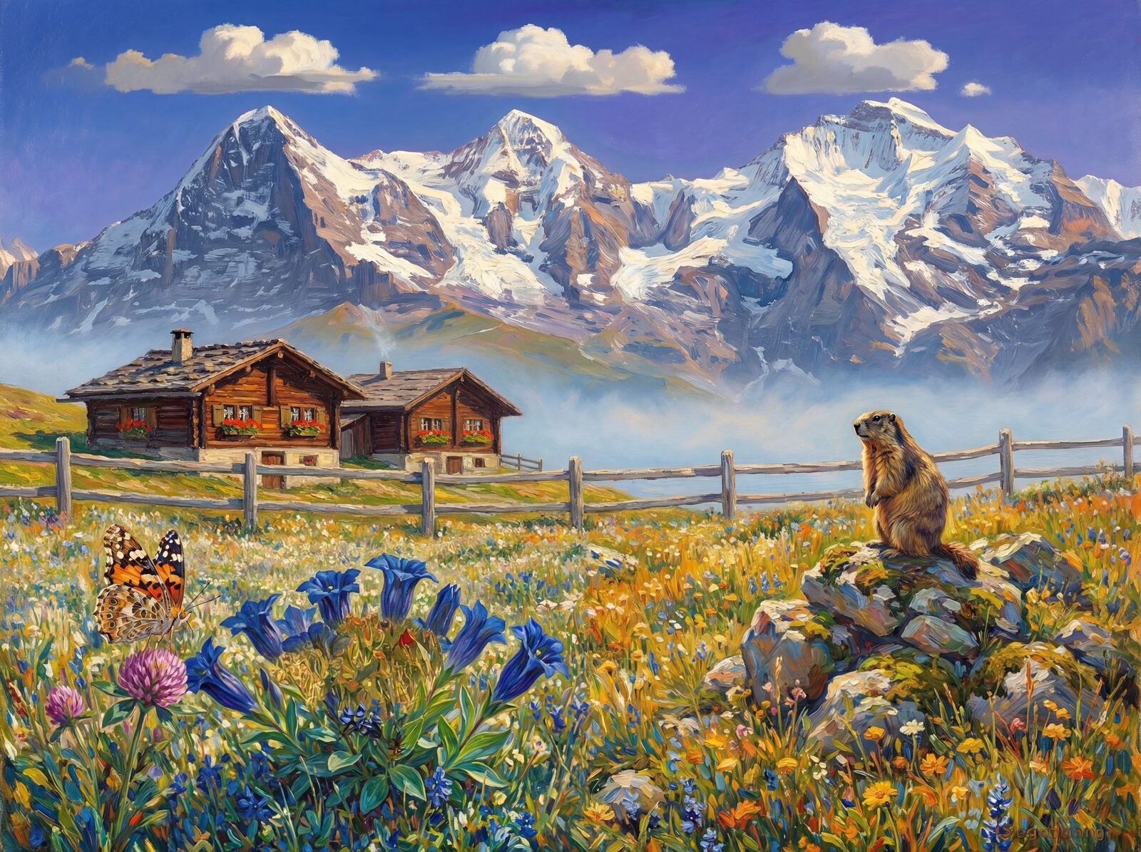 Vibrant alpine meadow wallpaper with Gentian Blue, Buttercup Gold, and Meadow Green. Made to order.