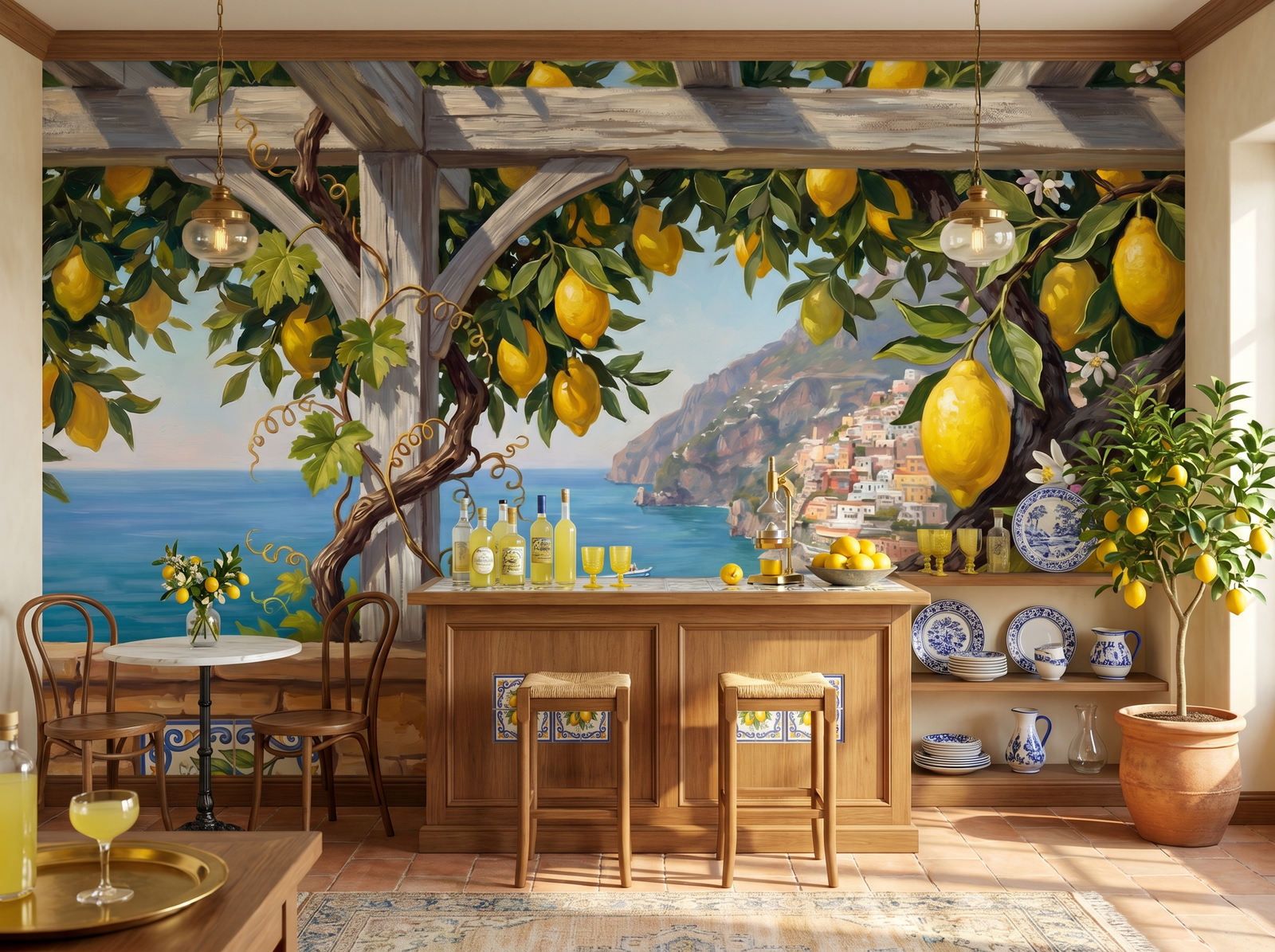 Amalfi Lemon scenic wallpaper mural on the feature wall of a Mediterranean kitchen, in a moody black-and-charcoal palette — The Wall Shawl.