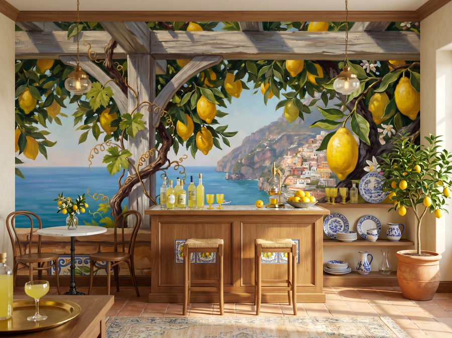 Amalfi Lemon scenic wallpaper mural on the feature wall of a Mediterranean kitchen, in a moody black-and-charcoal palette — The Wall Shawl.