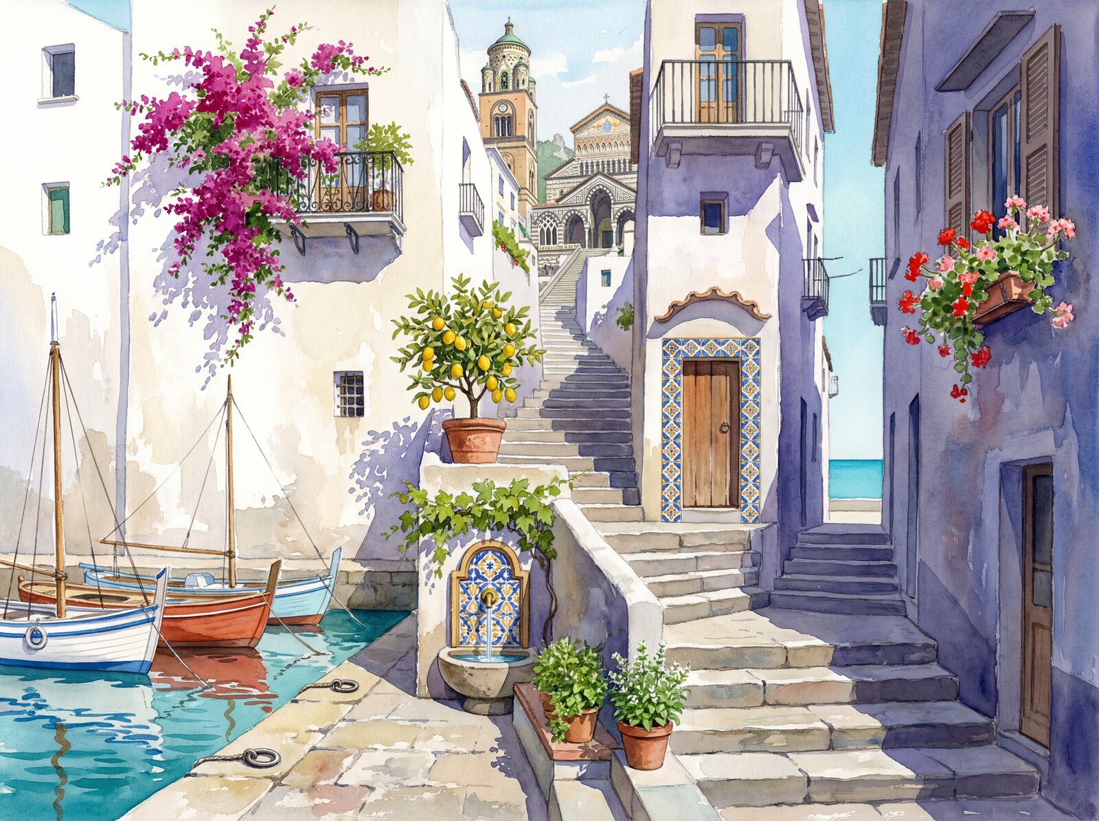 Vibrant Italian town scene with White Wash, Cathedral Stripe, and Bougainvillea Magenta. Made to order.