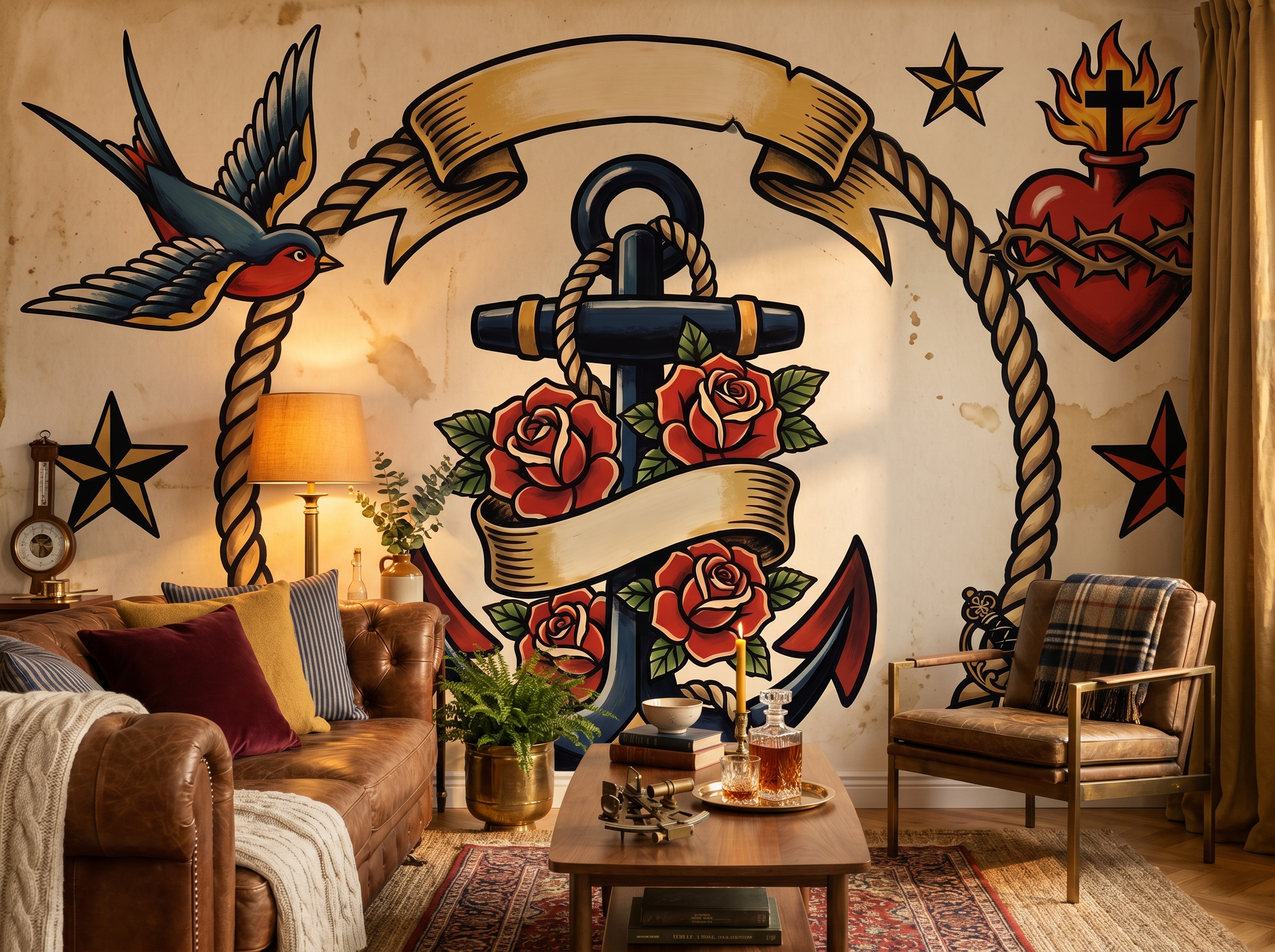 807 — Anchor and Rose wallpaper mural styled in a English Country Living Room, Floral, Greys palette.